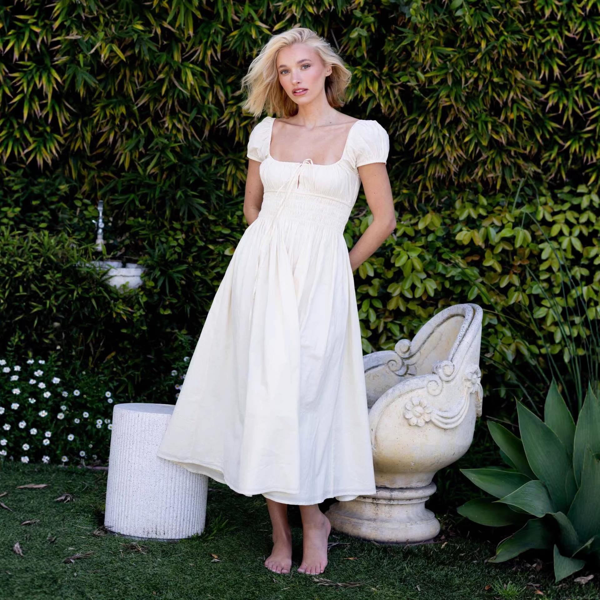 French Rural Style Square Neck Puff Sleeve Midi Dress Elegant Smocked Waist Backless Lace-up A-line Cotton Dress For Women Vacation Daily Wear French Rural Style Square Neck Puff Sleeve Midi Dress Elegant Smocked Waist Backless Lace-up A-line Cotton Dress For Women Vacation Daily Wear
