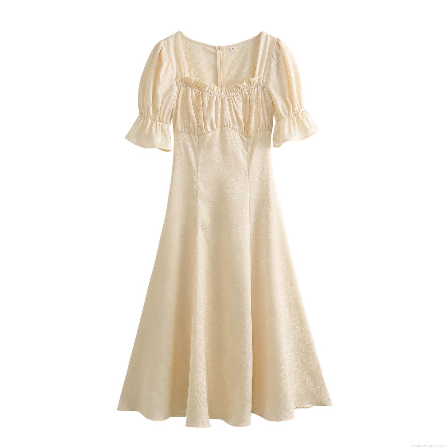 Women Square Neck Jacquard Midi Dress Elegant Puff Short Sleeve Ruffle Hem Pleated Slim Fit High Waist Back Zipper Polyester Textured Dress For Summer Party Daily Dating Women Square Neck Jacquard Midi Dress Elegant Puff Short Sleeve Ruffle Hem Pleated Slim Fit High Waist Back Zipper Polyester Textured Dress For Summer Party Daily Dating