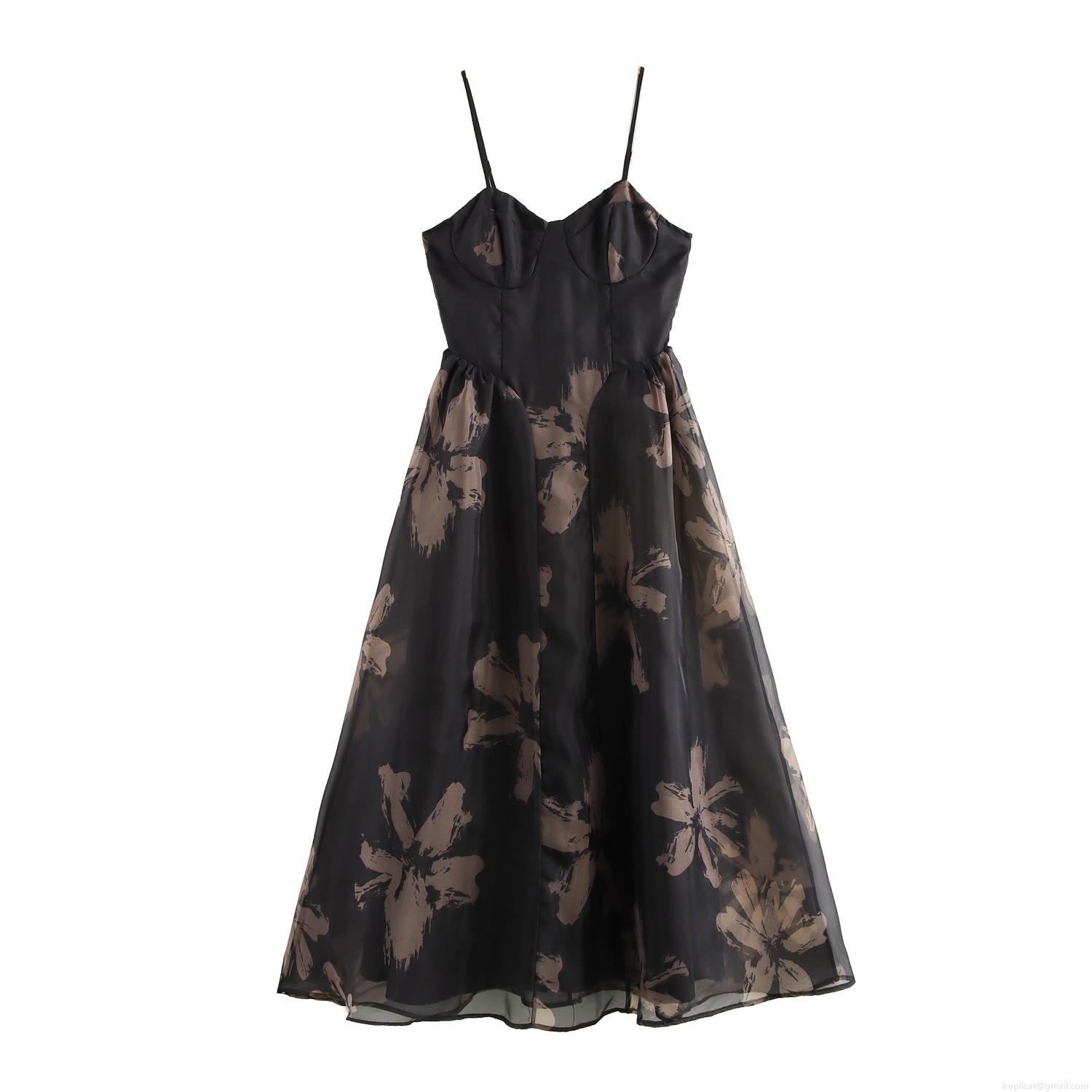 French Vintage Floral Print Organza Cami Maxi Dress With Backless Large Swing For Women Elegant Retro Vacation Party Dress French Vintage Floral Print Organza Cami Maxi Dress With Backless Large Swing For Women Elegant Retro Vacation Party Dress