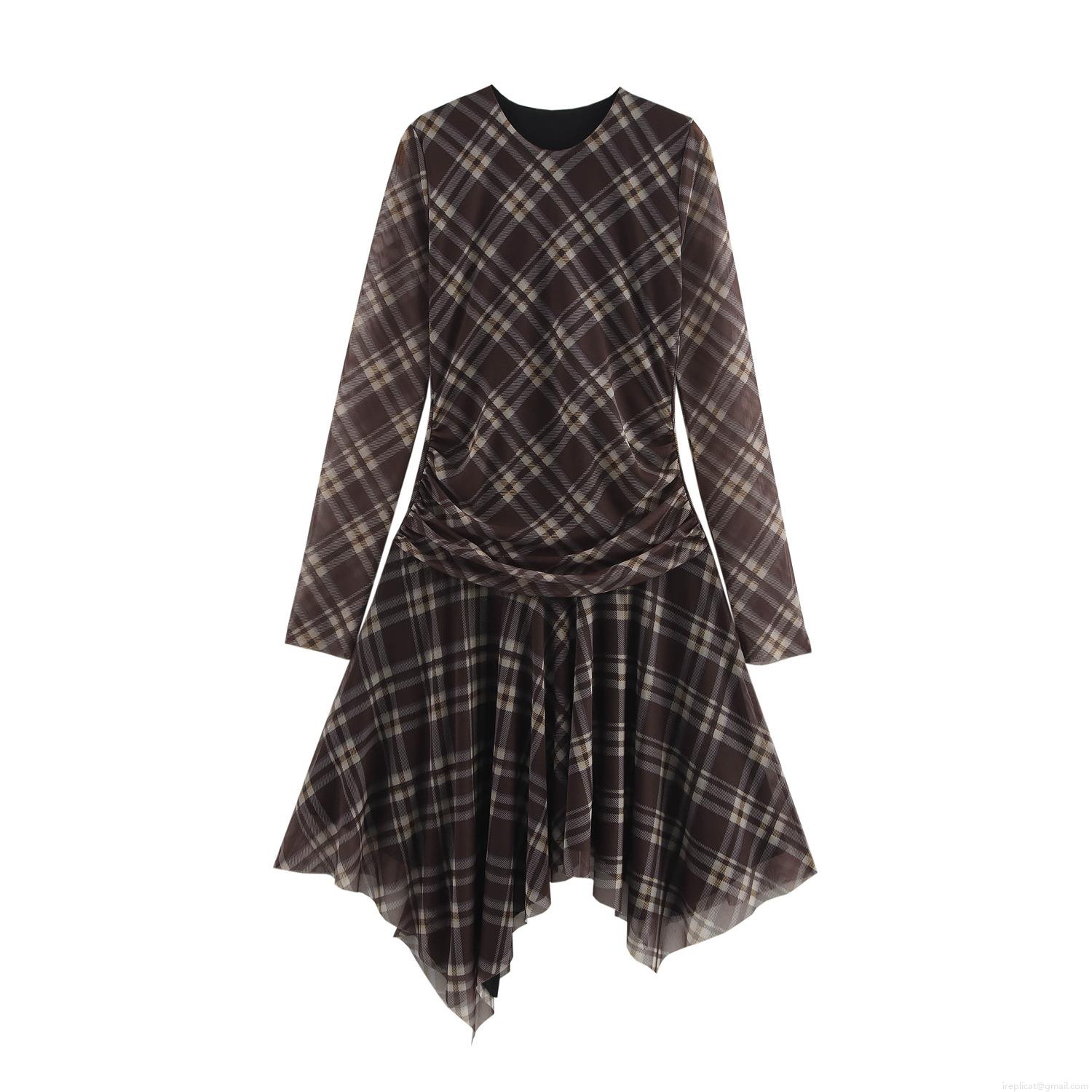 Women's American Vintage Plaid Midi Dress Irregular Hem Long Sleeve Round Neck Ruched Waist Mesh Dress Elegant Office Lady Party Clothing Women's American Vintage Plaid Midi Dress Irregular Hem Long Sleeve Round Neck Ruched Waist Mesh Dress Elegant Office Lady Party Clothing