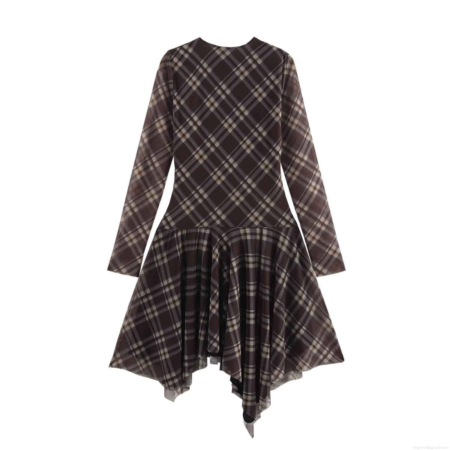 Women\'s American Vintage Plaid Midi Dress Irregular Hem Long Sleeve Round Neck Ruched Waist Mesh Dress Elegant Office Lady Party Clothing