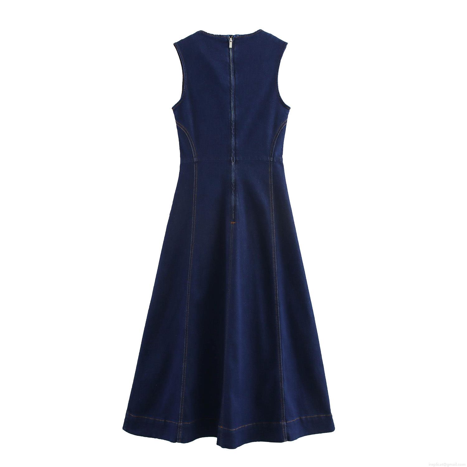 Women\'s Casual Sleeveless Denim Midi Dress Contrast Stitching High Waist A-Line Long Vest Dress With Back Zipper Elegant Daily Office Outfits