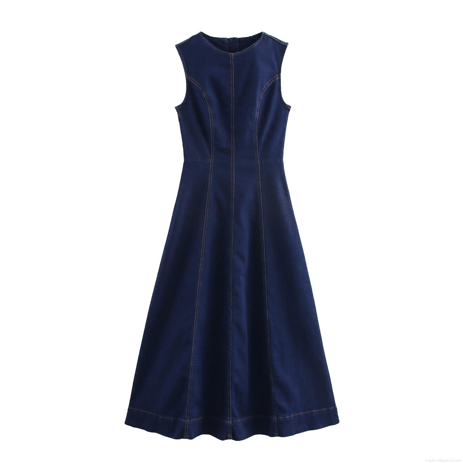 Women\'s Casual Sleeveless Denim Midi Dress Contrast Stitching High Waist A-Line Long Vest Dress With Back Zipper Elegant Daily Office Outfits