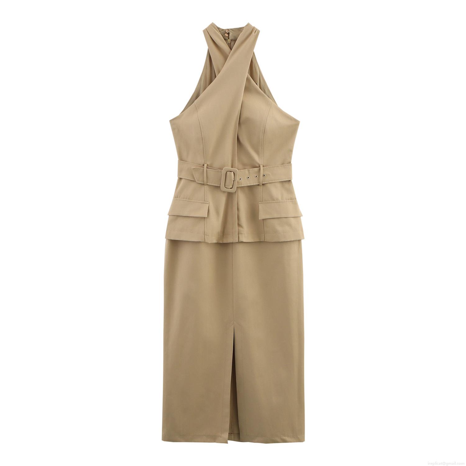 Women's Elegant Khaki Halter Neck Midi Dress With Belt Cross Design Front Slit Sleeveless Polyester Long Dress For Office Commute Party Women's Elegant Khaki Halter Neck Midi Dress With Belt Cross Design Front Slit Sleeveless Polyester Long Dress For Office Commute Party
