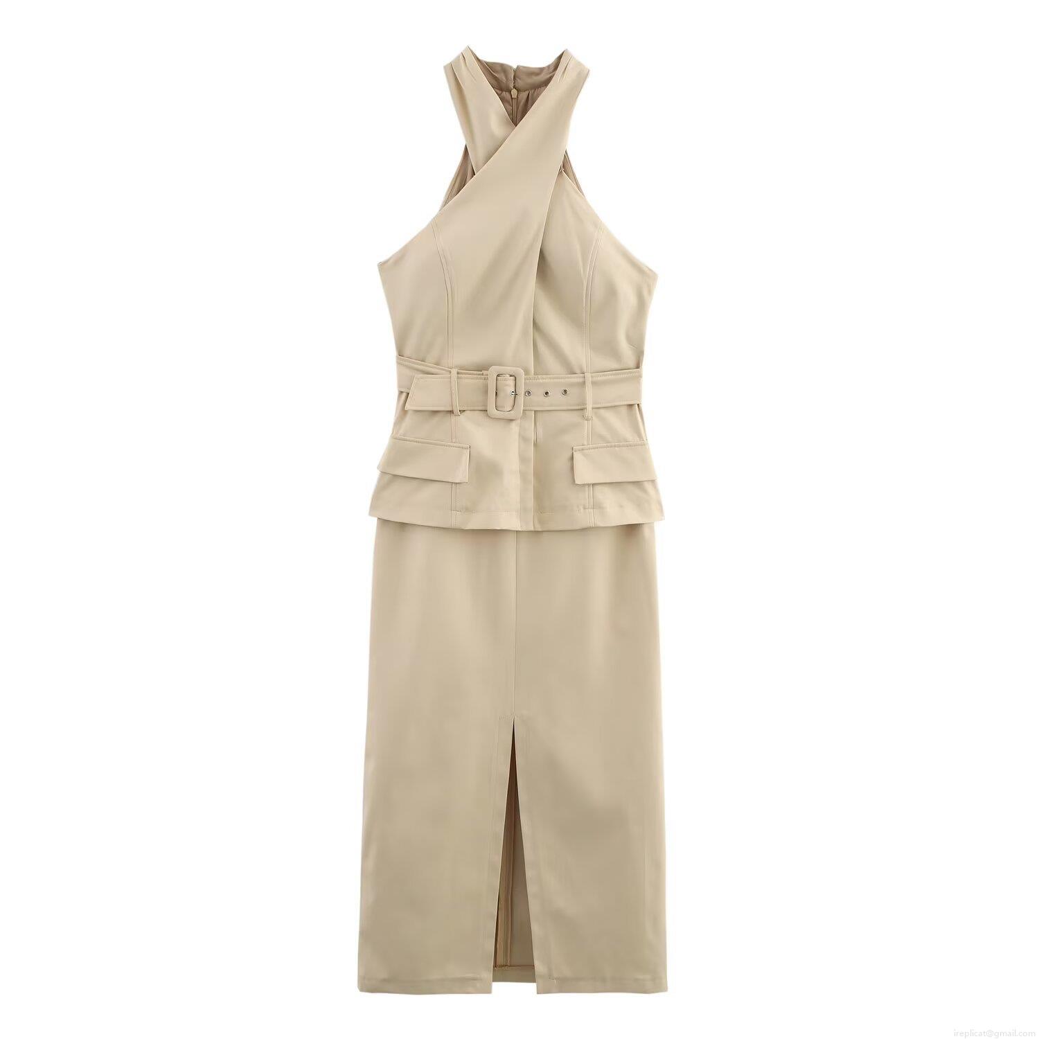 Women's Elegant Cross Halter Midi Dress with Belt Solid Color Sleeveless Polyester Midi Dress for Commuting Office Party Lady Clothing Women's Elegant Cross Halter Midi Dress with Belt Solid Color Sleeveless Polyester Midi Dress for Commuting Office Party Lady Clothing