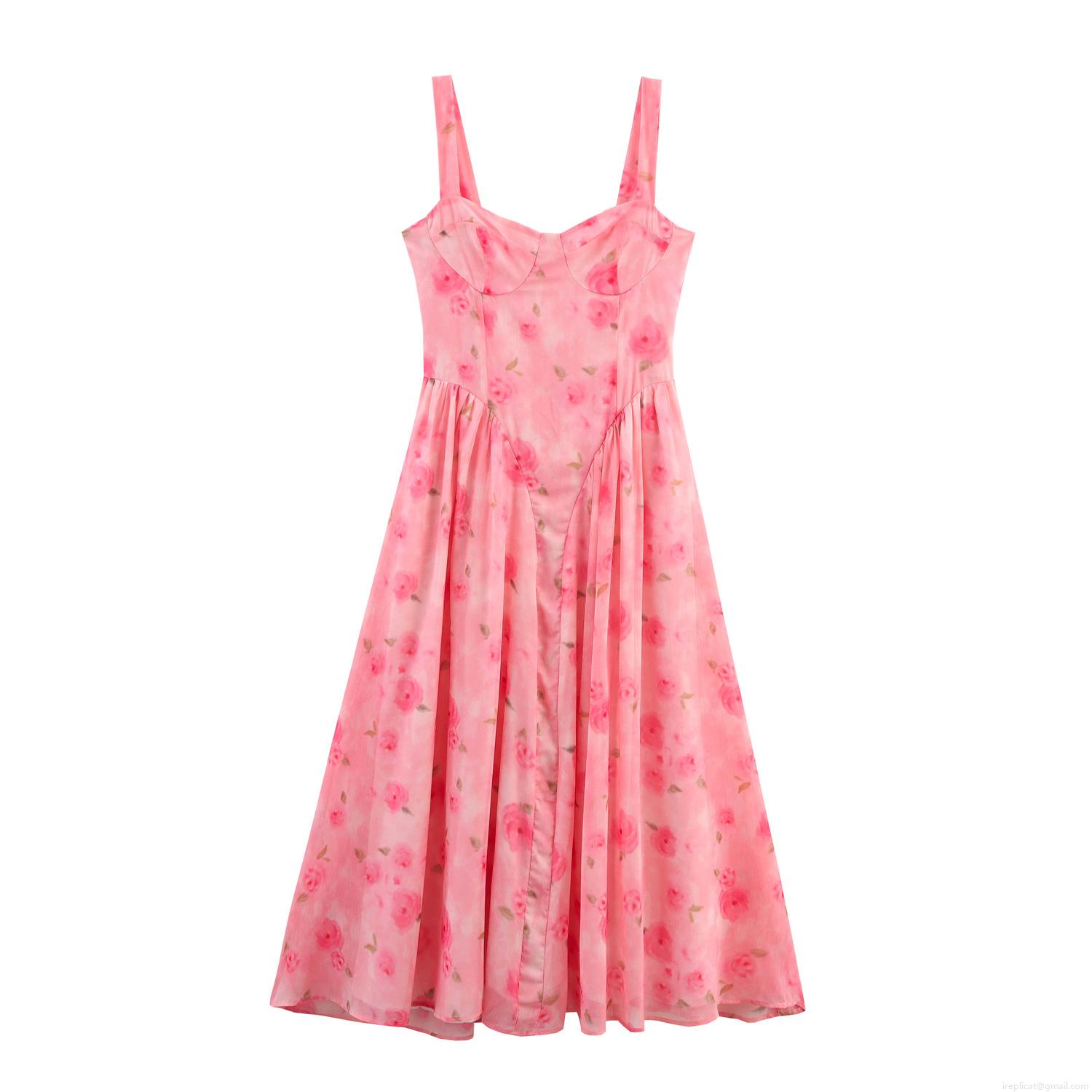Women's Pink Rose Floral Chiffon Midi Dress Sweetheart Neck Sleeveless Backless A-Line High Waist Dress For Summer Vacation Date Night Sweet Girl Style Women's Pink Rose Floral Chiffon Midi Dress Sweetheart Neck Sleeveless Backless A-Line High Waist Dress For Summer Vacation Date Night Sweet Girl Style