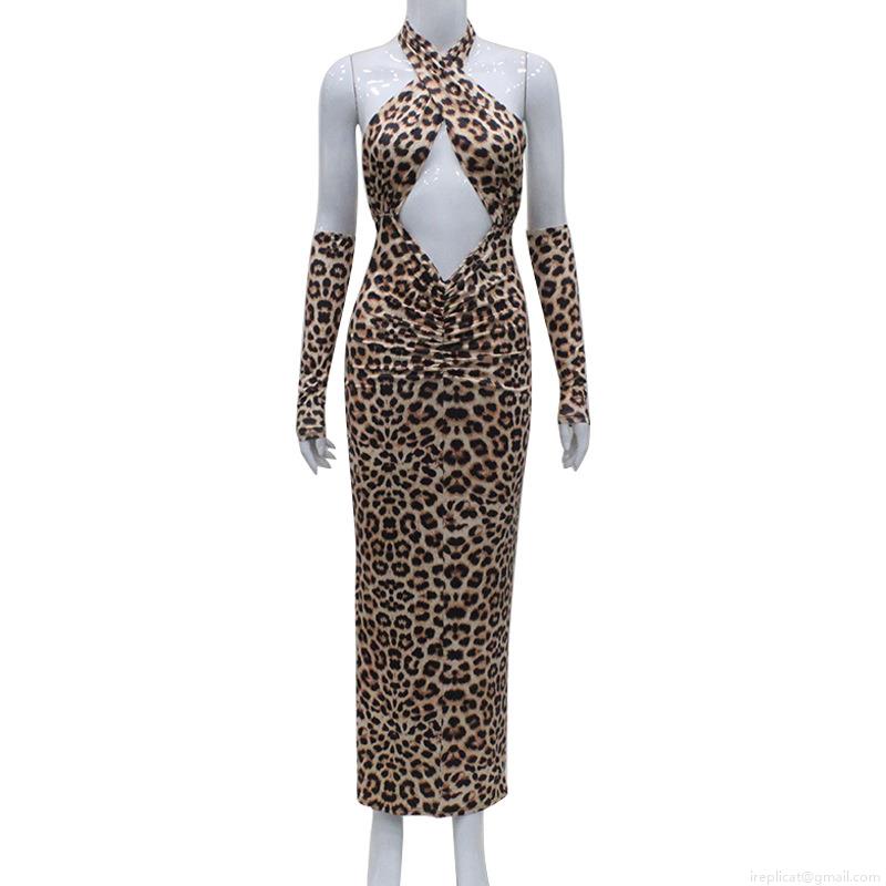 Sexy Leopard Print Halter Neck Cutout Backless Bodycon Midi Dress With Matching Arm Sleeves Women Club Party High Waist Slim Fit Polyester Spandex Vestido Sexy Leopard Print Halter Neck Cutout Backless Bodycon Midi Dress With Matching Arm Sleeves Women Club Party High Waist Slim Fit Polyester Spandex Vestido