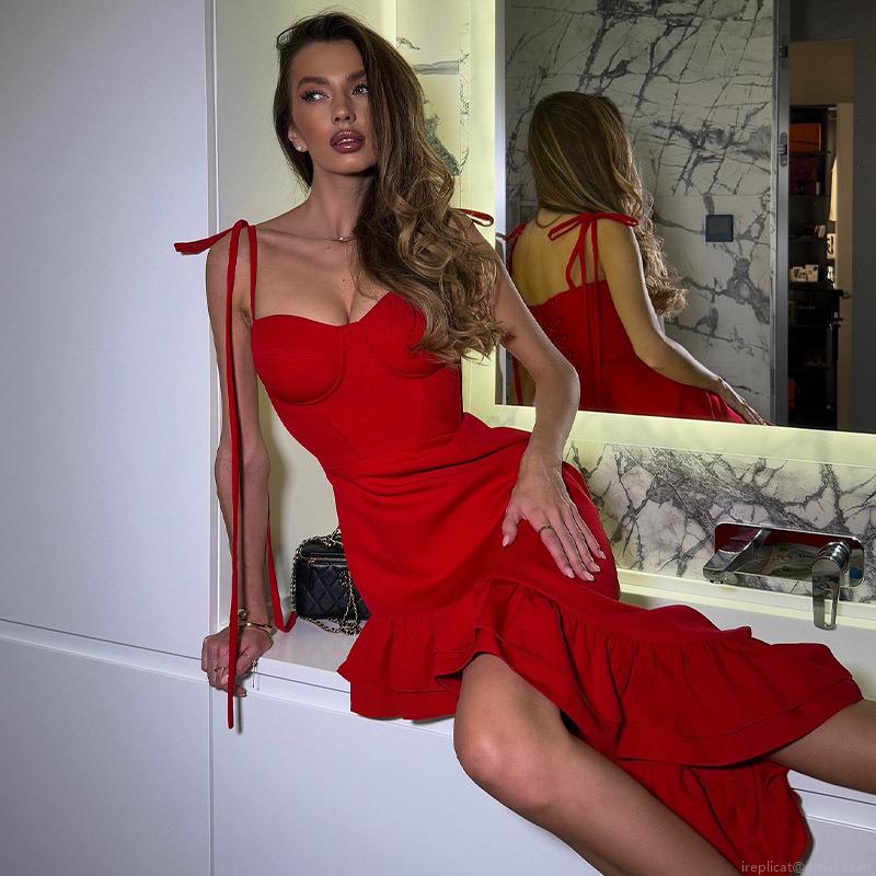 Women's Sexy Red Spaghetti Strap Dress Ruffle Irregular Hem Backless Maxi Dress For Evening Party Club Elegant Celebrity Style Bodycon Dress Women's Sexy Red Spaghetti Strap Dress Ruffle Irregular Hem Backless Maxi Dress For Evening Party Club Elegant Celebrity Style Bodycon Dress