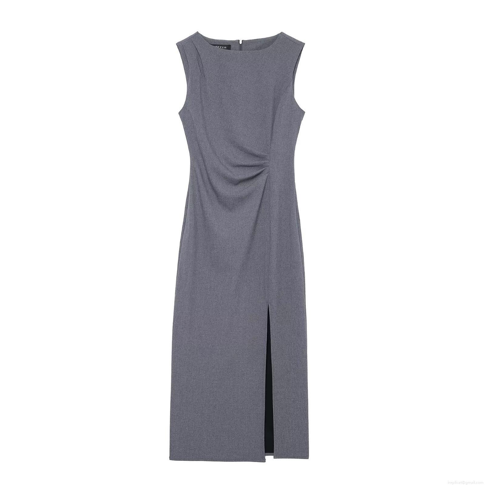 Women's Elegant Sleeveless Pleated Grey Maxi Dress With Side Slit Casual Party Streetwear Bodycon Polyester Summer Dress Women's Elegant Sleeveless Pleated Grey Maxi Dress With Side Slit Casual Party Streetwear Bodycon Polyester Summer Dress