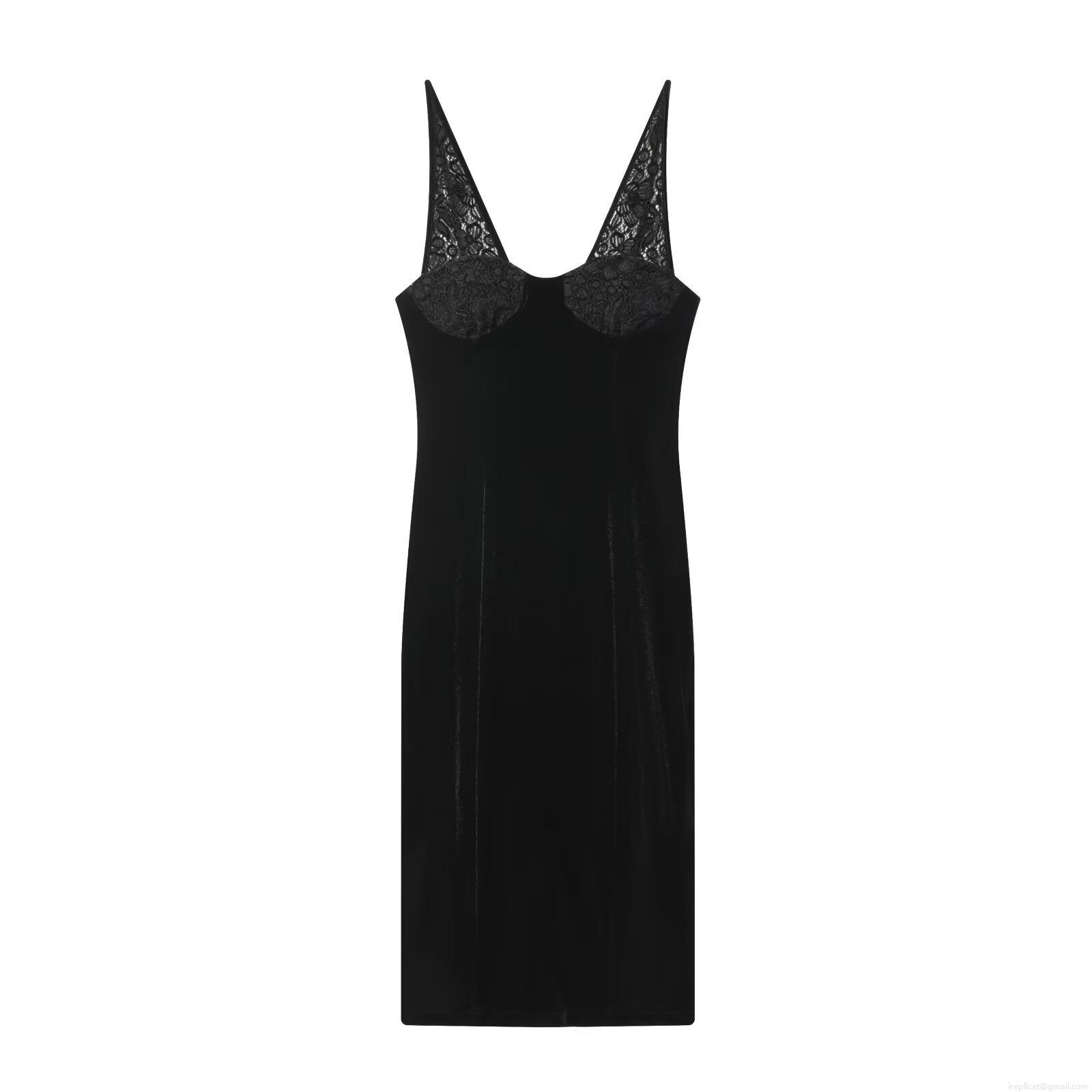 Women's Sexy Backless Velvet Midi Dress With Lace Patchwork V-Neck Camisole Sleeveless A-Line Evening Party Clubwear Dress Women's Sexy Backless Velvet Midi Dress With Lace Patchwork V-Neck Camisole Sleeveless A-Line Evening Party Clubwear Dress