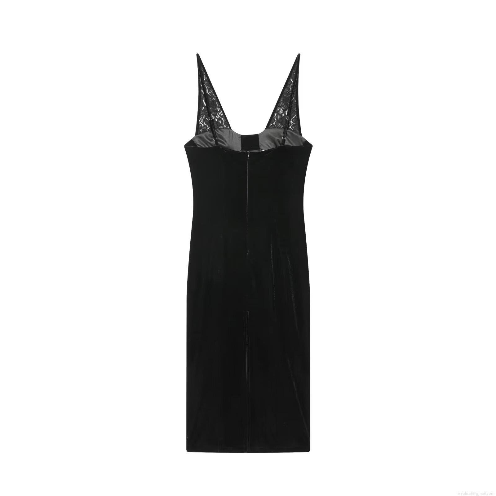 Women\'s Sexy Backless Velvet Midi Dress With Lace Patchwork V-Neck Camisole Sleeveless A-Line Evening Party Clubwear Dress