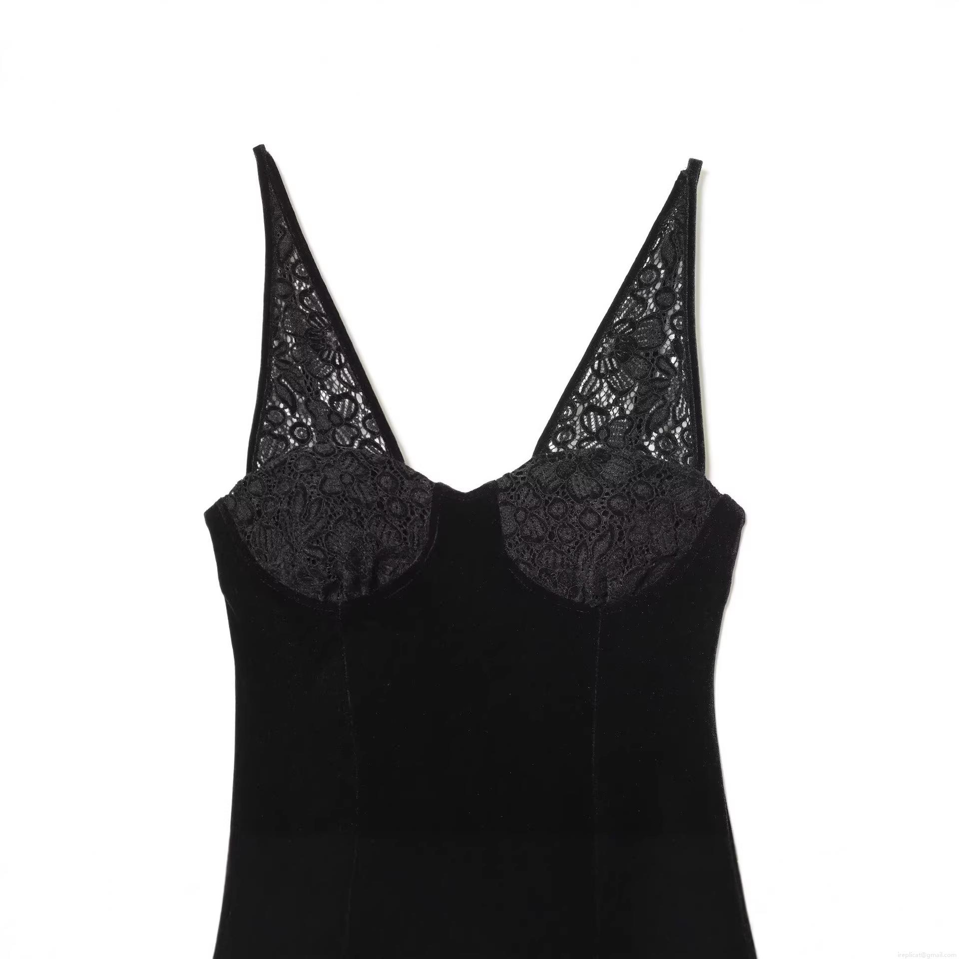 Women\'s Sexy Backless Velvet Midi Dress With Lace Patchwork V-Neck Camisole Sleeveless A-Line Evening Party Clubwear Dress