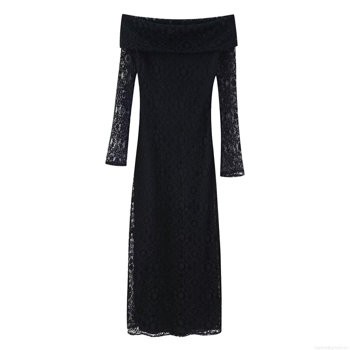 Sexy Black Lace Off-Shoulder Long Sleeve Midi Dress Hollow Out Mesh Stitching Slim Fit Pullover Evening Party Clubwear For Women Elegant Floral Texture Sexy Black Lace Off-Shoulder Long Sleeve Midi Dress Hollow Out Mesh Stitching Slim Fit Pullover Evening Party Clubwear For Women Elegant Floral Texture