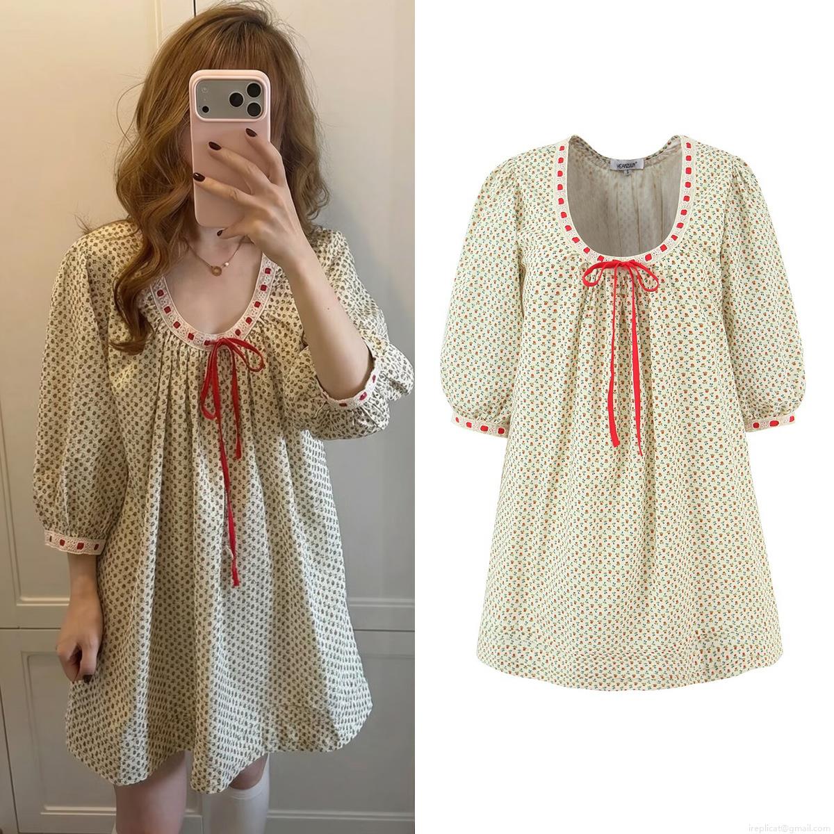 Women's 100% Cotton Floral Midi Dress Red Berry Print Round Neck Lantern Sleeve Cottagecore Casual Summer Beige Short Sleeve A-Line Dress With Bow Women's 100% Cotton Floral Midi Dress Red Berry Print Round Neck Lantern Sleeve Cottagecore Casual Summer Beige Short Sleeve A-Line Dress With Bow