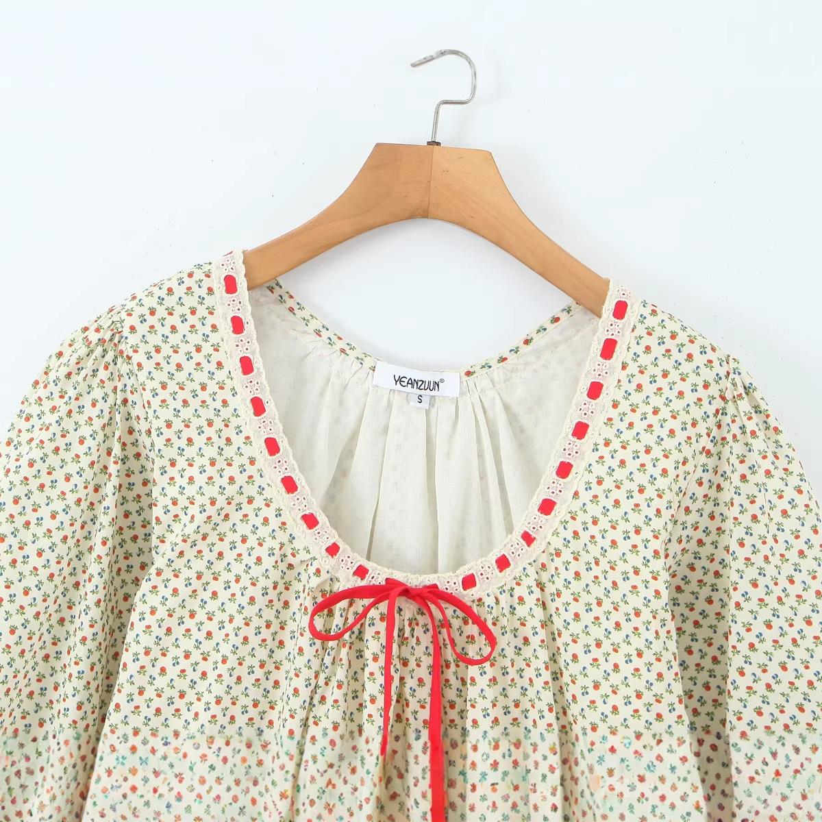 Women\'s 100% Cotton Floral Midi Dress Red Berry Print Round Neck Lantern Sleeve Cottagecore Casual Summer Beige Short Sleeve A-Line Dress With Bow