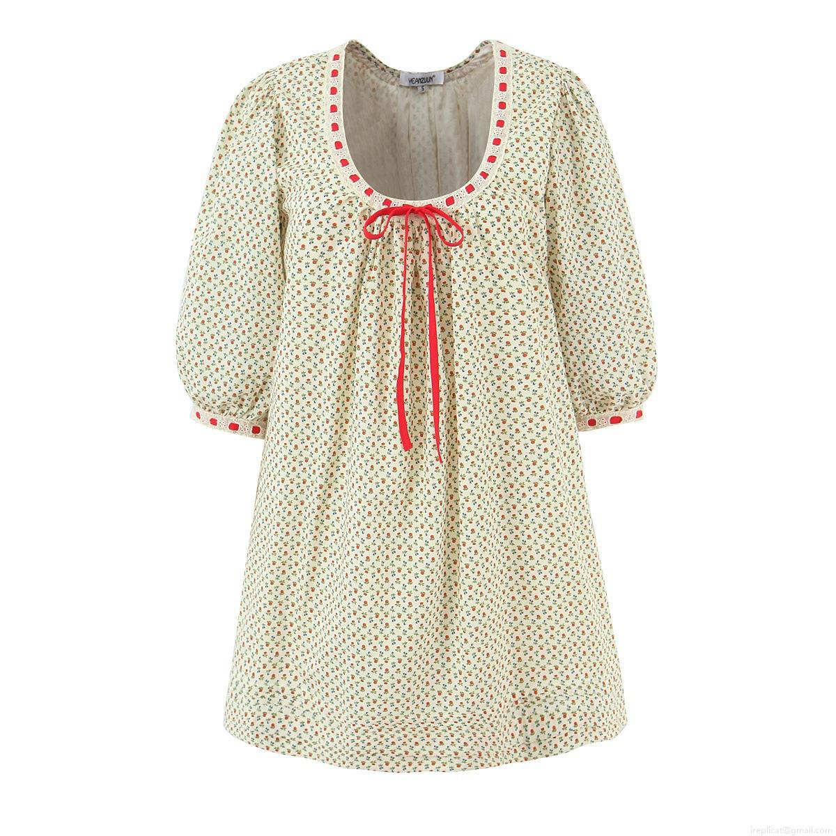 Women\'s 100% Cotton Floral Midi Dress Red Berry Print Round Neck Lantern Sleeve Cottagecore Casual Summer Beige Short Sleeve A-Line Dress With Bow