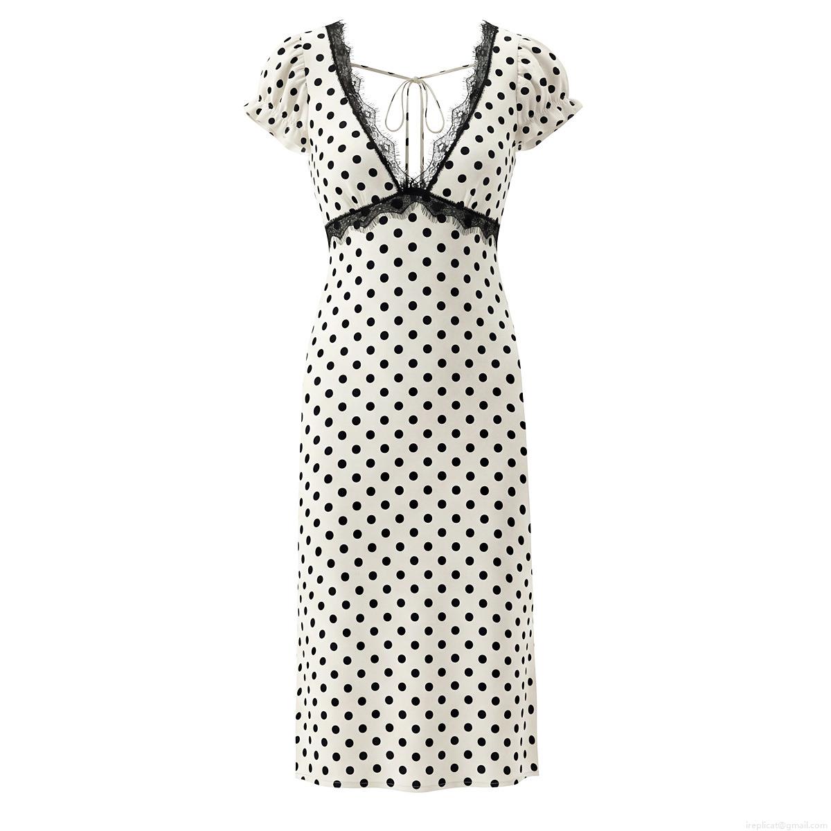 Women's French Vintage Polka Dot Midi Dress With Black Lace Trim V-Neck Backless Puff Sleeve Polyester Satin Summer Casual Dress Women's French Vintage Polka Dot Midi Dress With Black Lace Trim V-Neck Backless Puff Sleeve Polyester Satin Summer Casual Dress