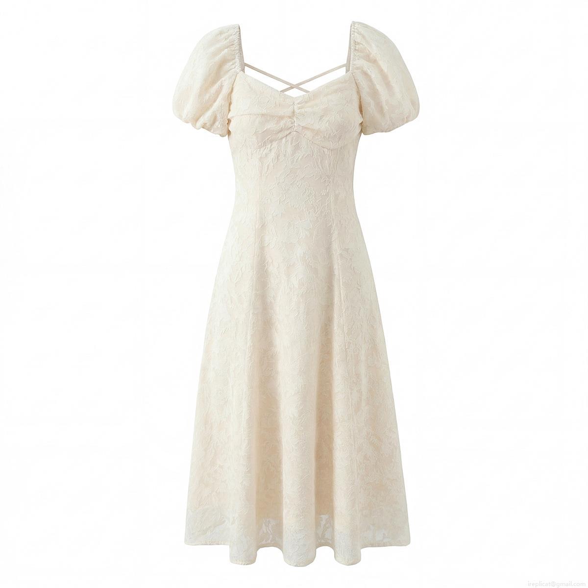 Women Elegant Lace Jacquard Midi Dress Square Neck Puff Sleeve Open Back Cross Tie-Up Summer Fashion Slim Fit Polyester A-Line Dress Women Elegant Lace Jacquard Midi Dress Square Neck Puff Sleeve Open Back Cross Tie-Up Summer Fashion Slim Fit Polyester A-Line Dress