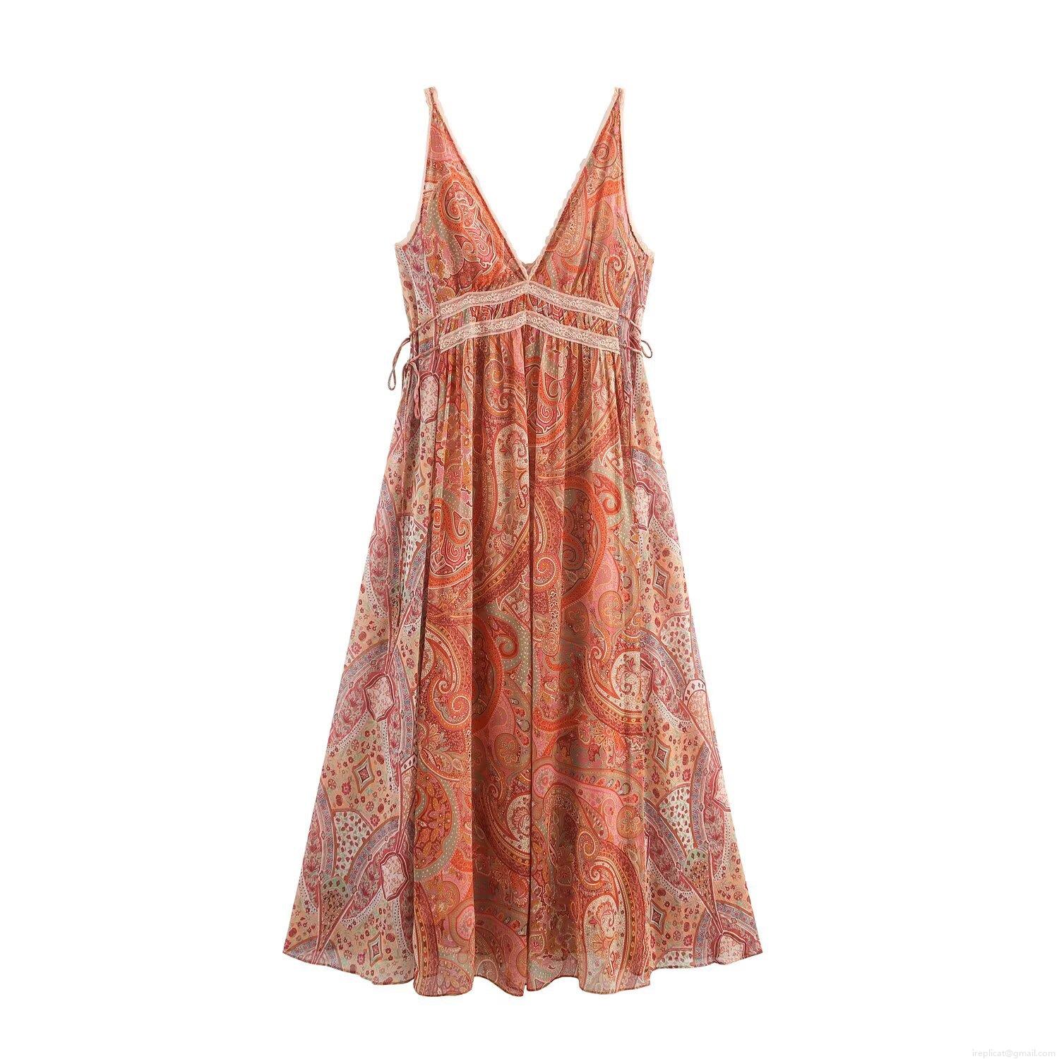 Women's Bohemian Paisley Print Midi Dress Sexy V-Neck Spaghetti Strap Lace Trim Slim Fit Summer Beach Sundress Women's Bohemian Paisley Print Midi Dress Sexy V-Neck Spaghetti Strap Lace Trim Slim Fit Summer Beach Sundress