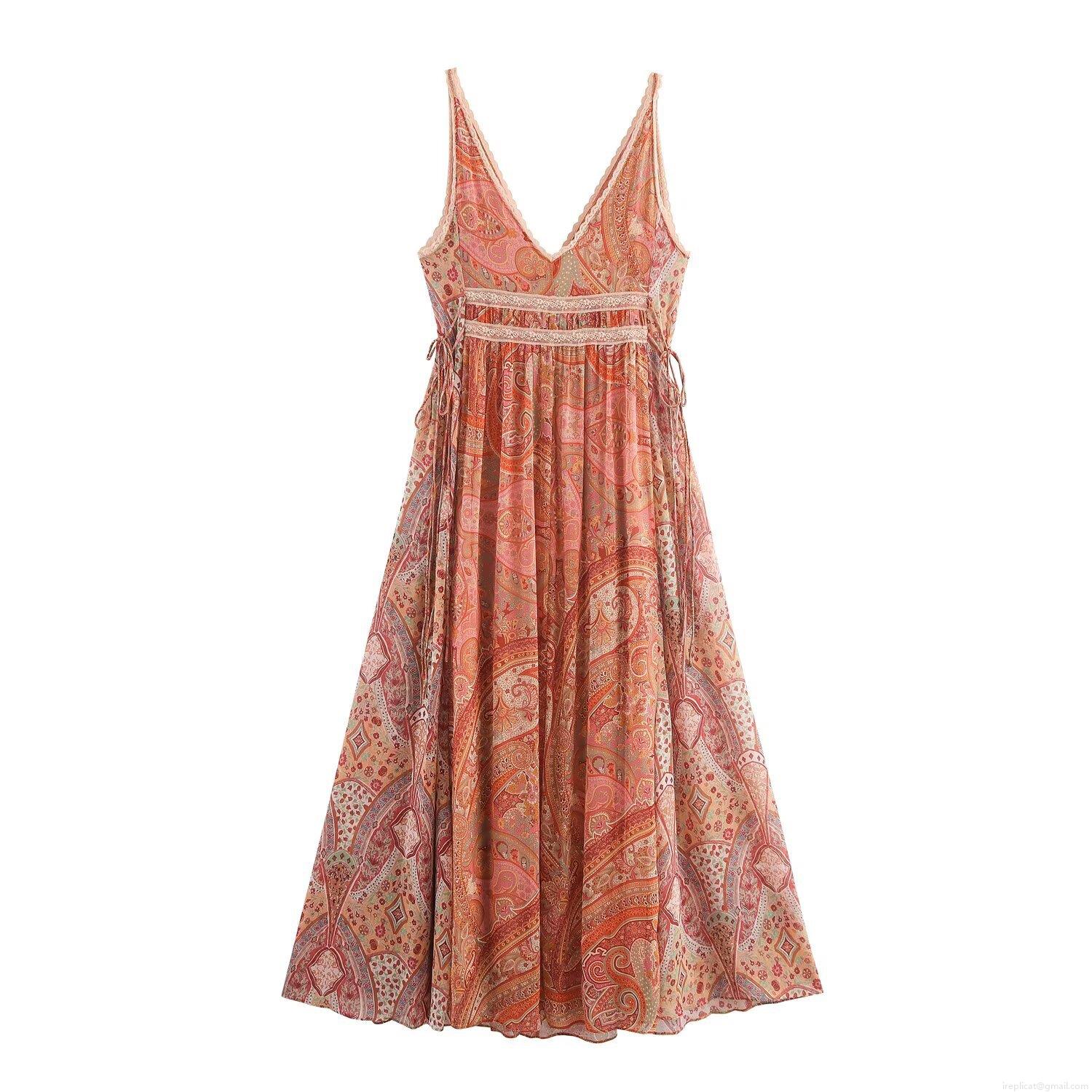 Women\'s Bohemian Paisley Print Midi Dress Sexy V-Neck Spaghetti Strap Lace Trim Slim Fit Summer Beach Sundress