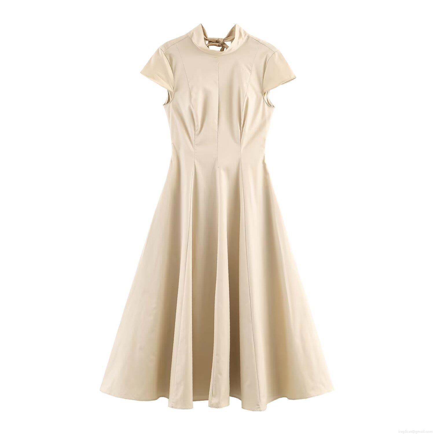 Women's Elegant High Neck Midi Dress With Back Bow Tie Short Sleeve Slim Fit Polyester Straight Dress Streetwear Summer Beige Dress For Women Women's Elegant High Neck Midi Dress With Back Bow Tie Short Sleeve Slim Fit Polyester Straight Dress Streetwear Summer Beige Dress For Women