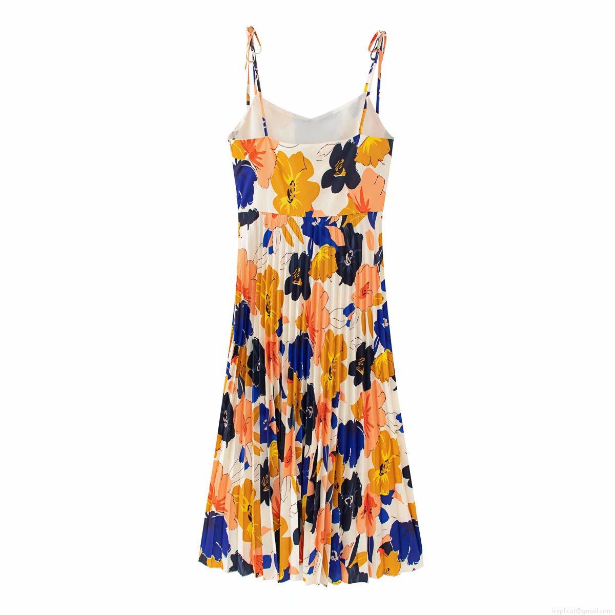 Women Summer Floral Print Spaghetti Strap Pleated Midi Dress V Neck High Waist Boho Beach Vacation Flowy Polyester Sleeveless Sundress Women Summer Floral Print Spaghetti Strap Pleated Midi Dress V Neck High Waist Boho Beach Vacation Flowy Polyester Sleeveless Sundress