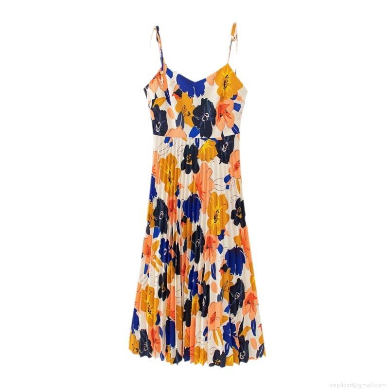 Women Summer Floral Print Spaghetti Strap Pleated Midi Dress V Neck High Waist Boho Beach Vacation Flowy Polyester Sleeveless Sundress
