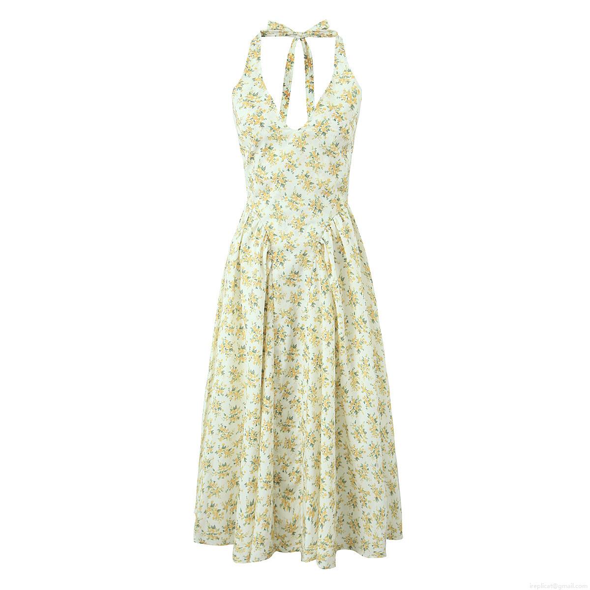 Women\'s Sexy Floral Halter Midi Dress Summer Y2K V-Neck Backless Sleeveless Cami Dress With Bow Tie Polyester Vacation Streetwear