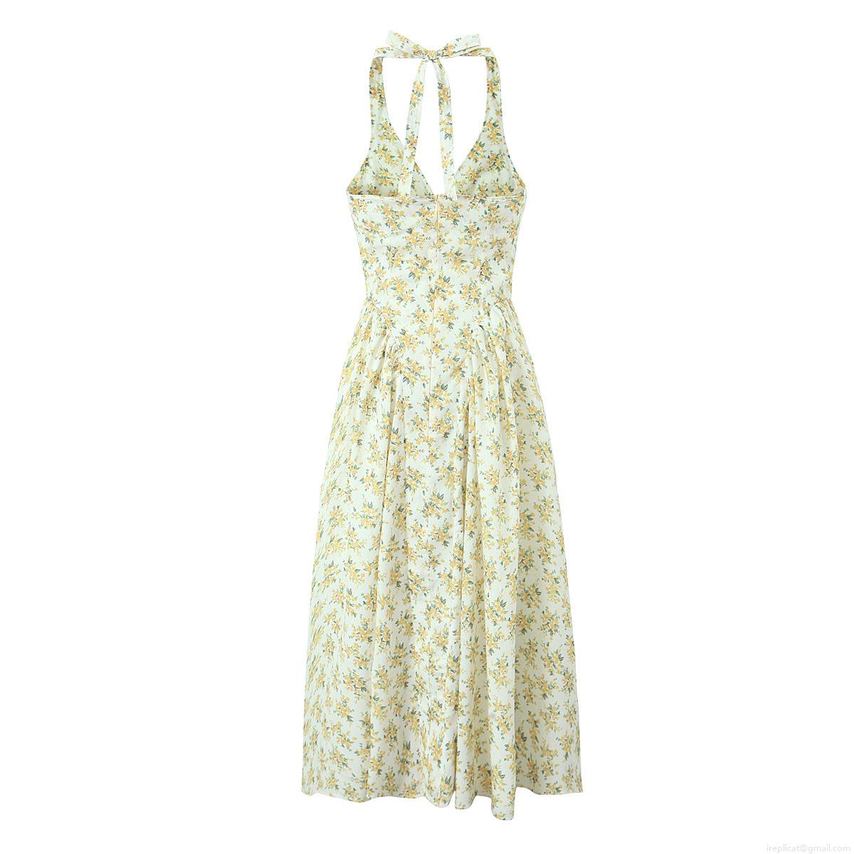 Women\'s Sexy Floral Halter Midi Dress Summer Y2K V-Neck Backless Sleeveless Cami Dress With Bow Tie Polyester Vacation Streetwear