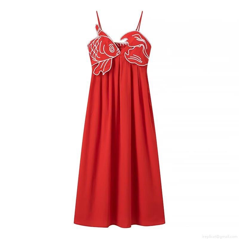 Women's Sexy Red Cami Midi Dress High Waist Pleated With 3D Fish Embroidery V-Neck Sleeveless Streetwear Fashion Summer Party Dress Women's Sexy Red Cami Midi Dress High Waist Pleated With 3D Fish Embroidery V-Neck Sleeveless Streetwear Fashion Summer Party Dress