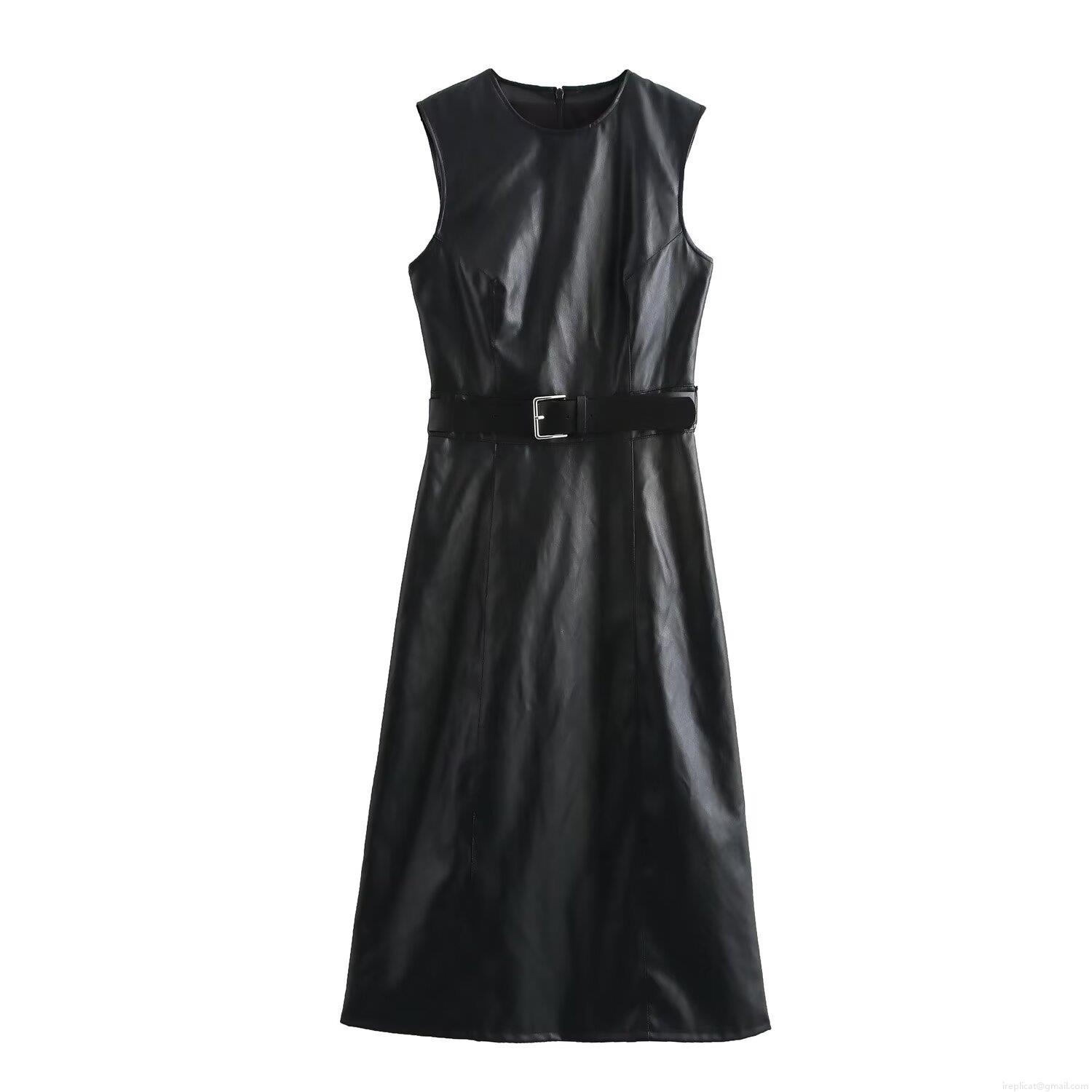 Women's Fashion Sleeveless Faux Leather Midi Dress With Belt Crew Neck Solid Color PU A-Line Streetwear Party Vestidos For Women Women's Fashion Sleeveless Faux Leather Midi Dress With Belt Crew Neck Solid Color PU A-Line Streetwear Party Vestidos For Women