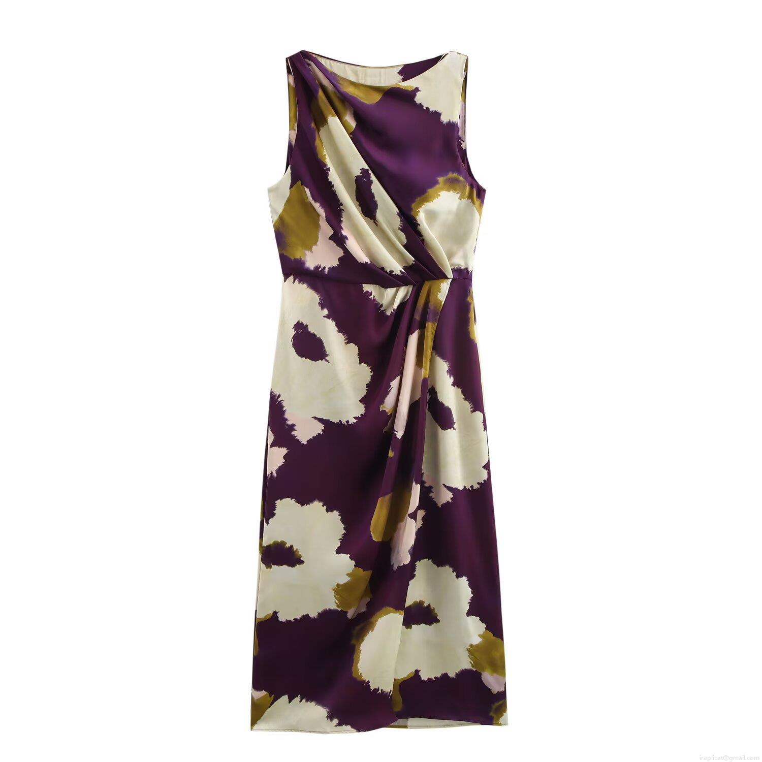 Women's High-End Satin Abstract Floral Sleeveless Midi Dress Elegant Purple Round Neck Party A-Line Dress With Ruched Waist Women's High-End Satin Abstract Floral Sleeveless Midi Dress Elegant Purple Round Neck Party A-Line Dress With Ruched Waist