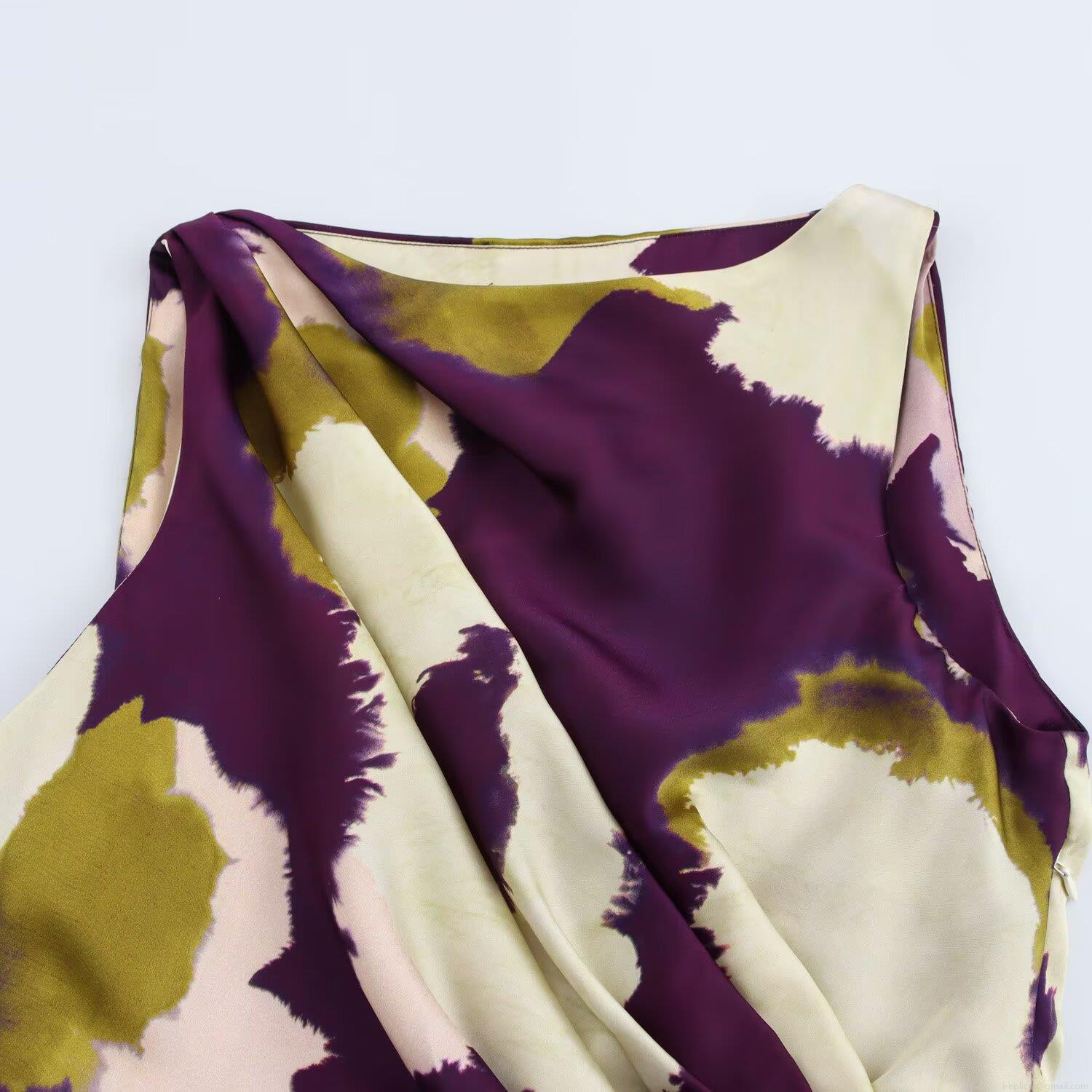 Women\'s High-End Satin Abstract Floral Sleeveless Midi Dress Elegant Purple Round Neck Party A-Line Dress With Ruched Waist