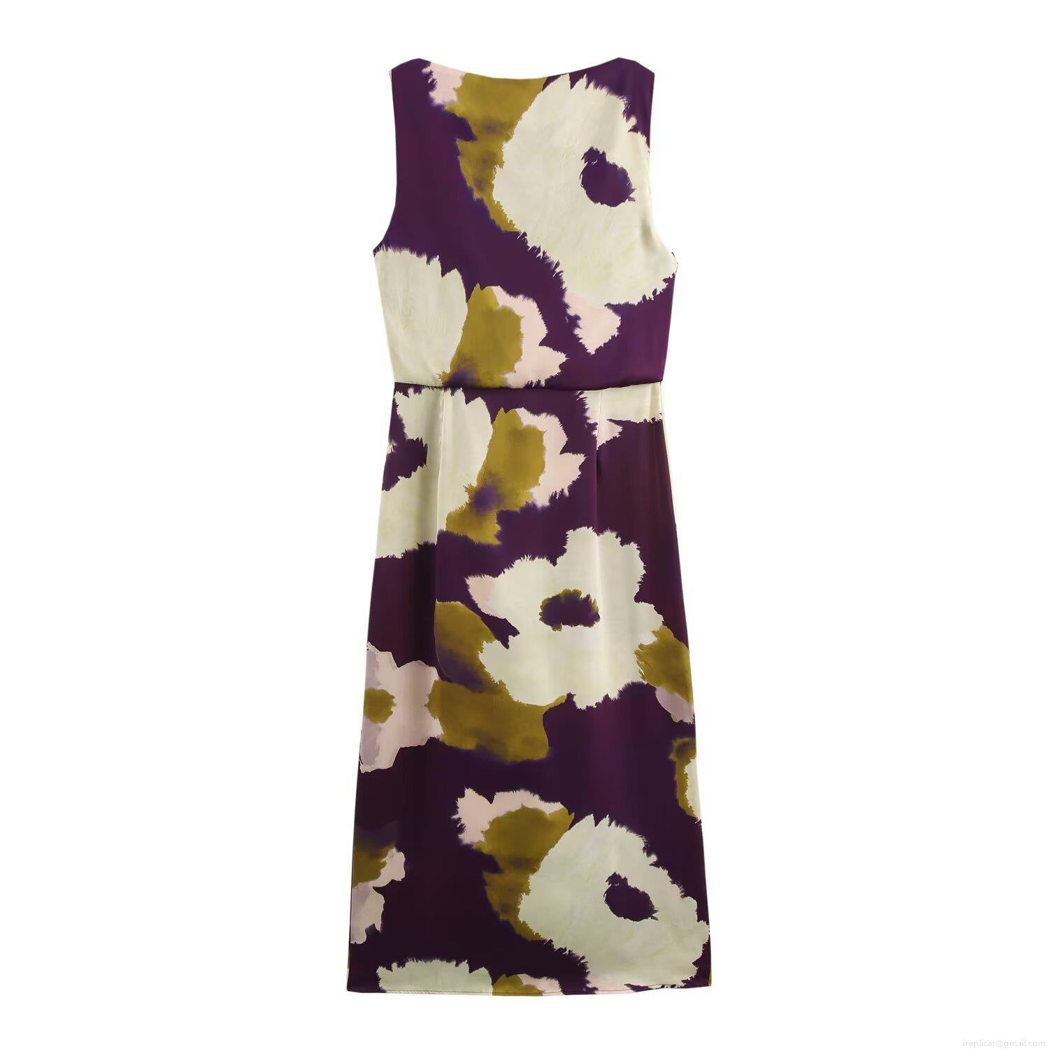 Women\'s High-End Satin Abstract Floral Sleeveless Midi Dress Elegant Purple Round Neck Party A-Line Dress With Ruched Waist