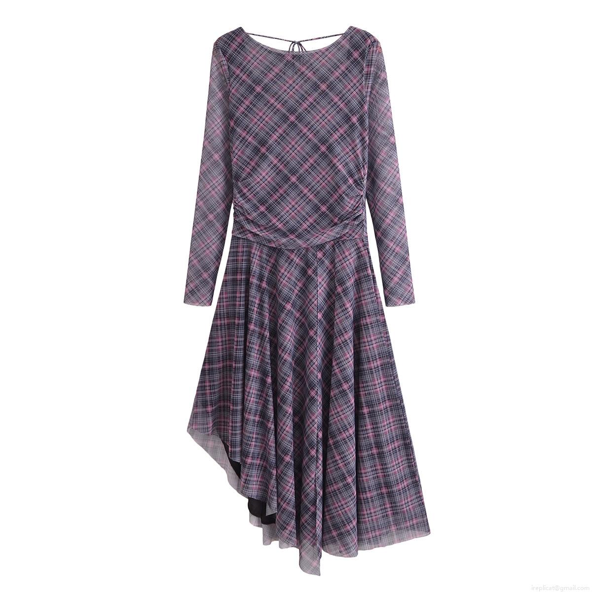 Women Plaid Mesh Pleated Long Sleeve Dress Backless V-Back With Tie Irregular Hem European Fashion Casual Summer Midi Dress Women Plaid Mesh Pleated Long Sleeve Dress Backless V-Back With Tie Irregular Hem European Fashion Casual Summer Midi Dress