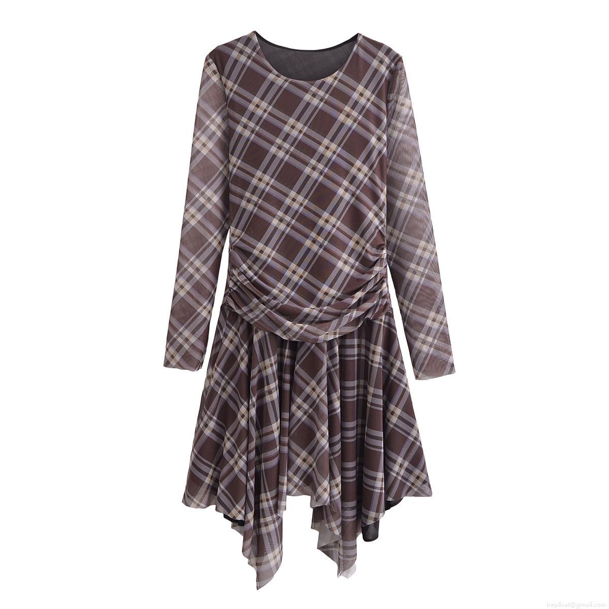 Women's 100% Polyester Mesh Brown Plaid Dress Long Sleeve Round Neck Ruched Asymmetric Hem Midi Dress Elegant Retro Streetwear Summer Bodycon Dress Women's 100% Polyester Mesh Brown Plaid Dress Long Sleeve Round Neck Ruched Asymmetric Hem Midi Dress Elegant Retro Streetwear Summer Bodycon Dress
