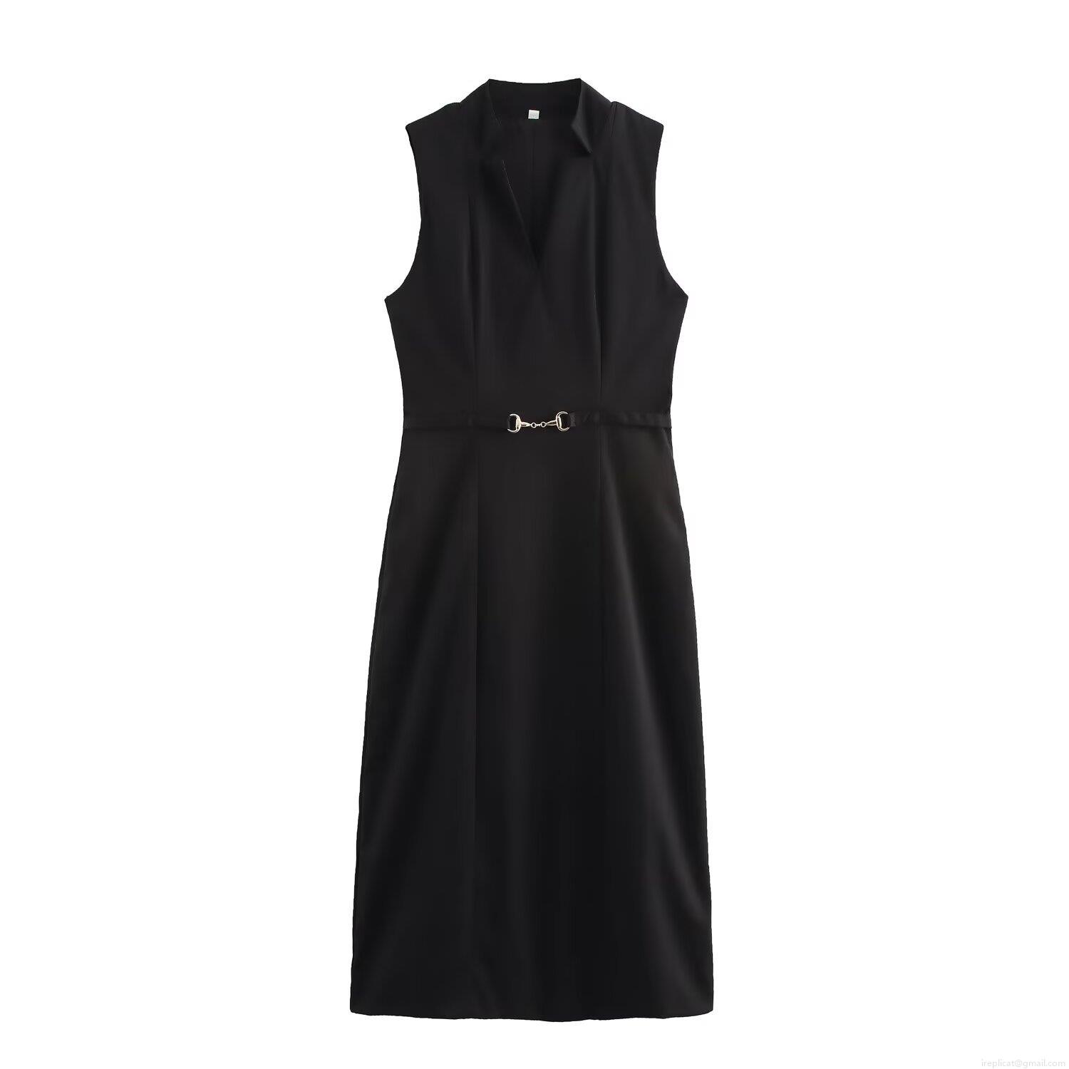 Women's Sexy V-Neck Sleeveless Midi Dress with Golden Horsebit Metal Buckle Waist Slim Fit A-Line Solid Color Summer Streetwear Party Dress Women's Sexy V-Neck Sleeveless Midi Dress with Golden Horsebit Metal Buckle Waist Slim Fit A-Line Solid Color Summer Streetwear Party Dress