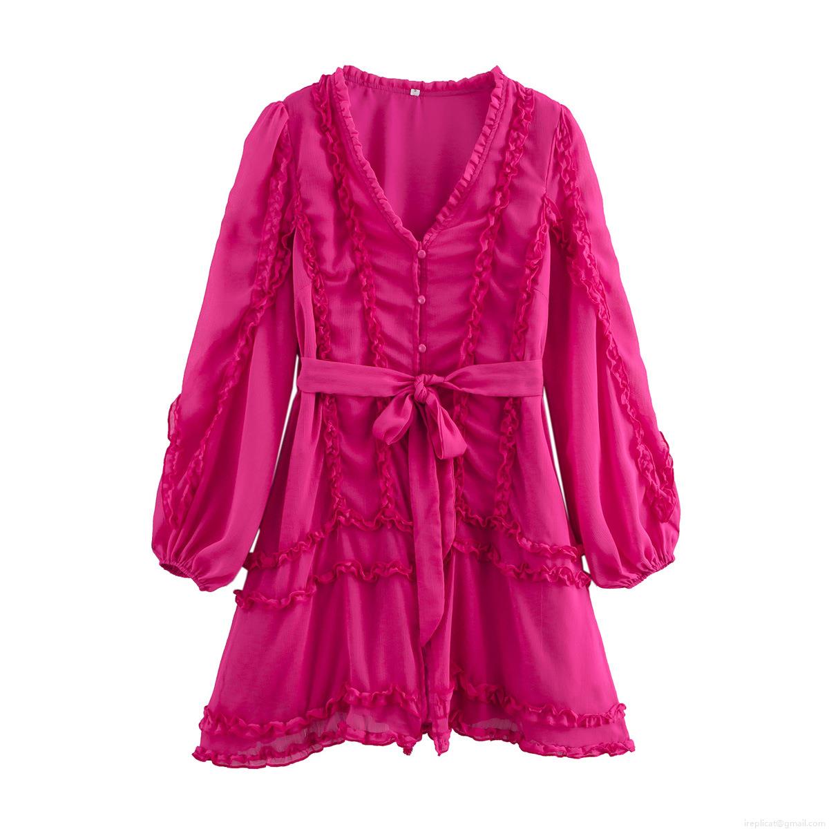 Women Fashion V Neck Ruffle Chiffon Dress With Belt Solid Color Long Sleeve Tiered A-Line Midi Dress For Women Party Daily Streetwear Women Fashion V Neck Ruffle Chiffon Dress With Belt Solid Color Long Sleeve Tiered A-Line Midi Dress For Women Party Daily Streetwear