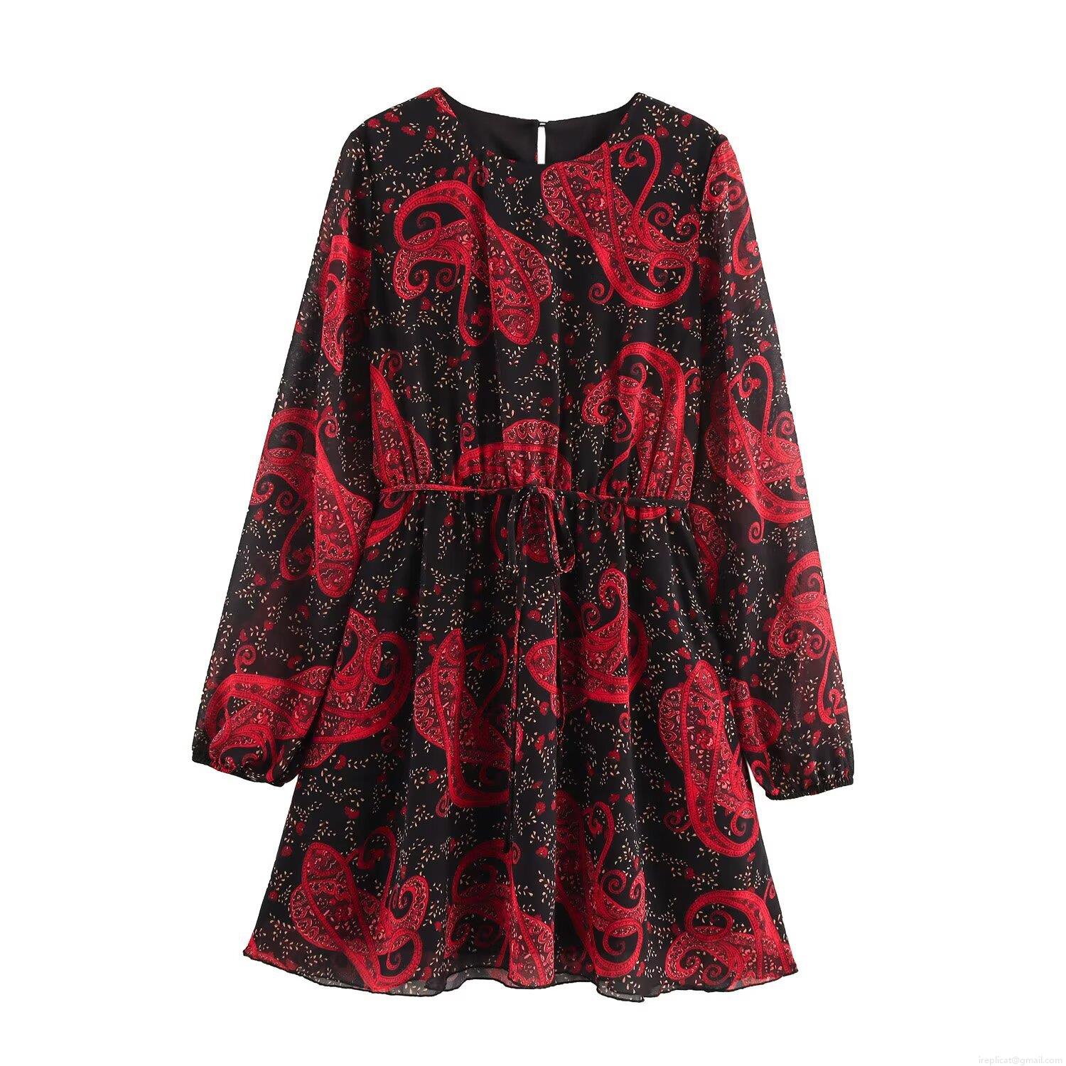 Women Paisley Print Chiffon Long Sleeve Midi Dress With Belt Round Neck A-line Summer Fashion Streetwear Elegant Casual Dresses Women Paisley Print Chiffon Long Sleeve Midi Dress With Belt Round Neck A-line Summer Fashion Streetwear Elegant Casual Dresses