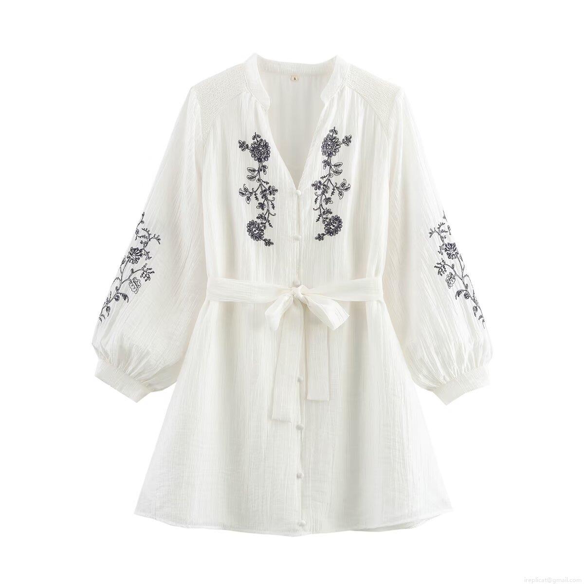 Fashion V-Neck Long Sleeve Floral Embroidery Midi A-Line Dress with Belt 100% Polyester Street Style Casual White Dress for Women Party Vacation Fashion V-Neck Long Sleeve Floral Embroidery Midi A-Line Dress with Belt 100% Polyester Street Style Casual White Dress for Women Party Vacation
