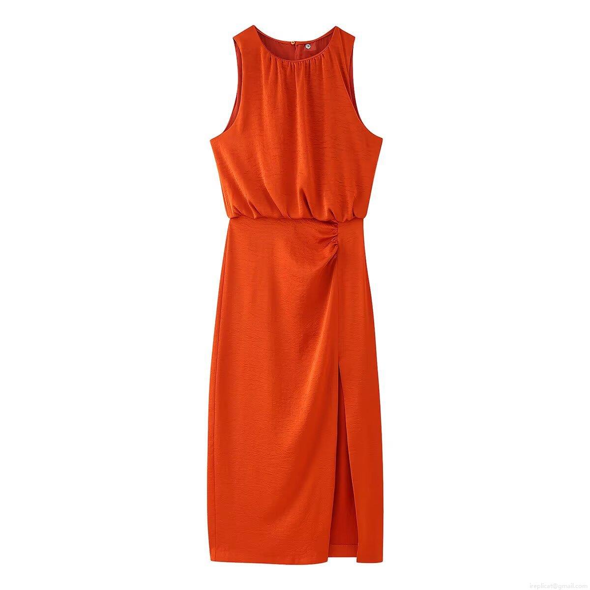 Women's Sleeveless Midi Dress Polyester Silk Satin Textured Ruched Side Slit Bodycon Pullover Round Neck Summer Party Elegant Dress For Lady Women's Sleeveless Midi Dress Polyester Silk Satin Textured Ruched Side Slit Bodycon Pullover Round Neck Summer Party Elegant Dress For Lady