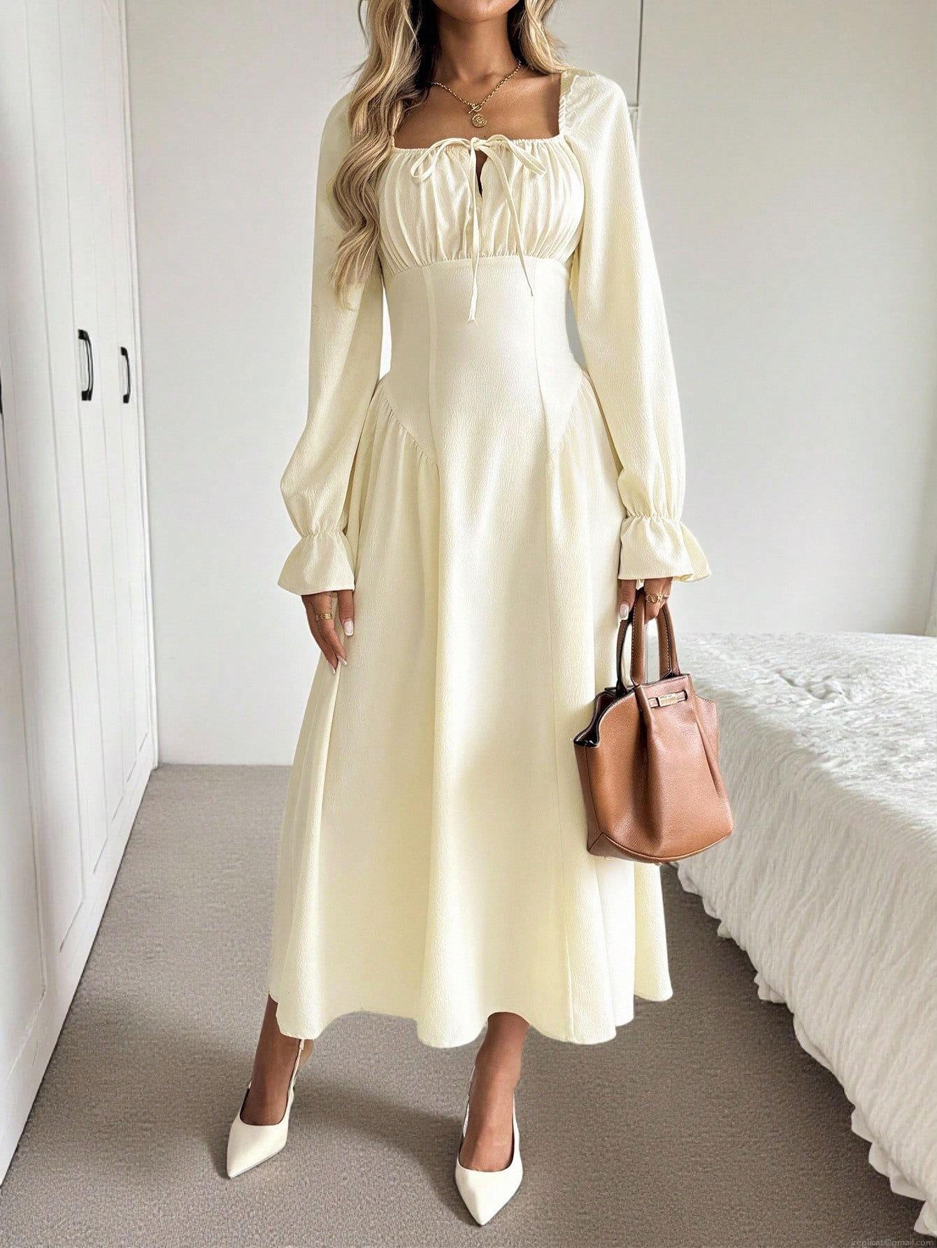 Women French Elegant Square Neck Lace-up Long Sleeve Midi Dress Pleated Waist Slim A-Line Swing Dress Solid Color 100% Polyester Party Casual Gown Women French Elegant Square Neck Lace-up Long Sleeve Midi Dress Pleated Waist Slim A-Line Swing Dress Solid Color 100% Polyester Party Casual Gown