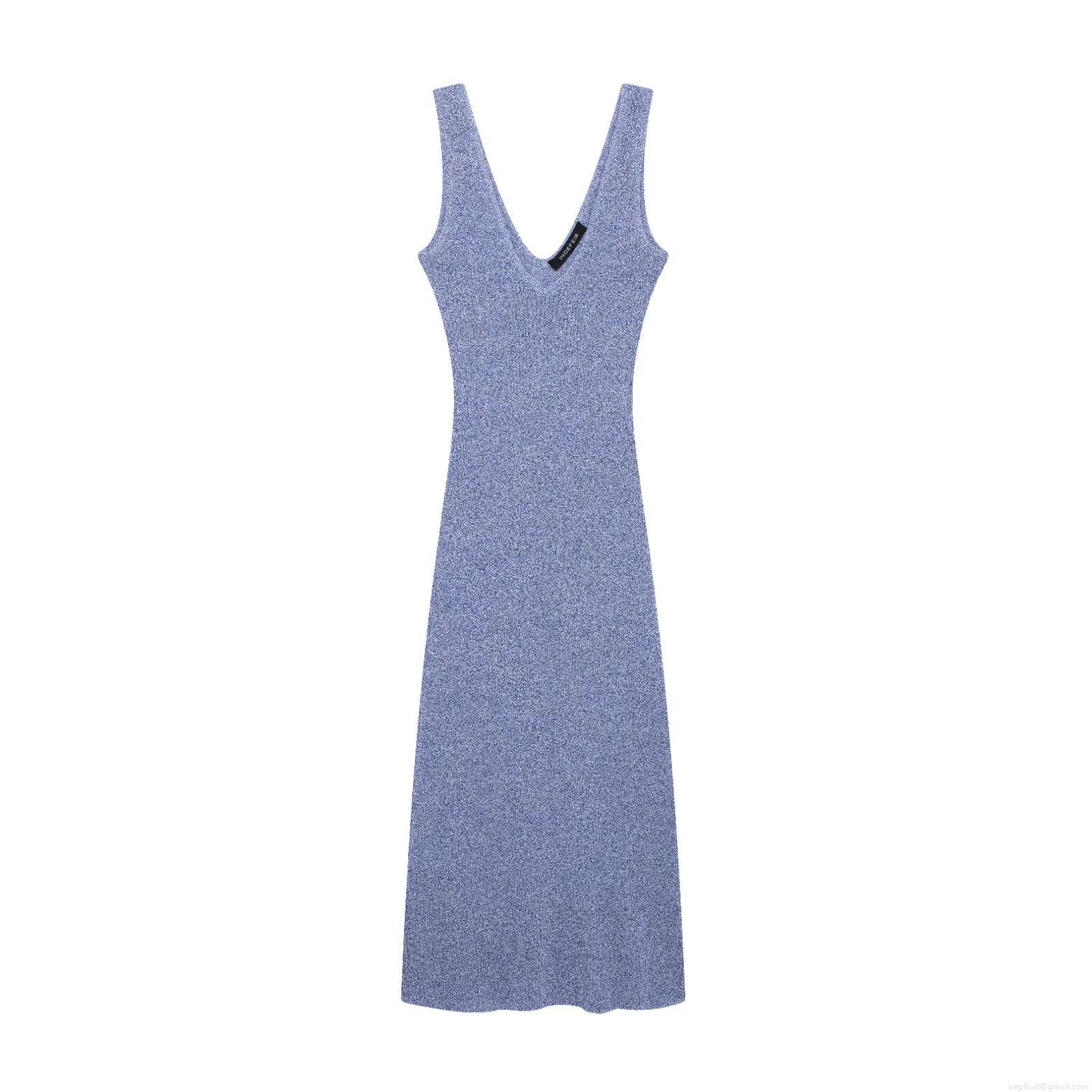 Women's Sleeveless V-Neck Knitted Midi Dress Summer Slim Fit Bodycon Mixed Blue Color Polyester Knit Sundress Streetwear Fashion Casual Lady Women's Sleeveless V-Neck Knitted Midi Dress Summer Slim Fit Bodycon Mixed Blue Color Polyester Knit Sundress Streetwear Fashion Casual Lady