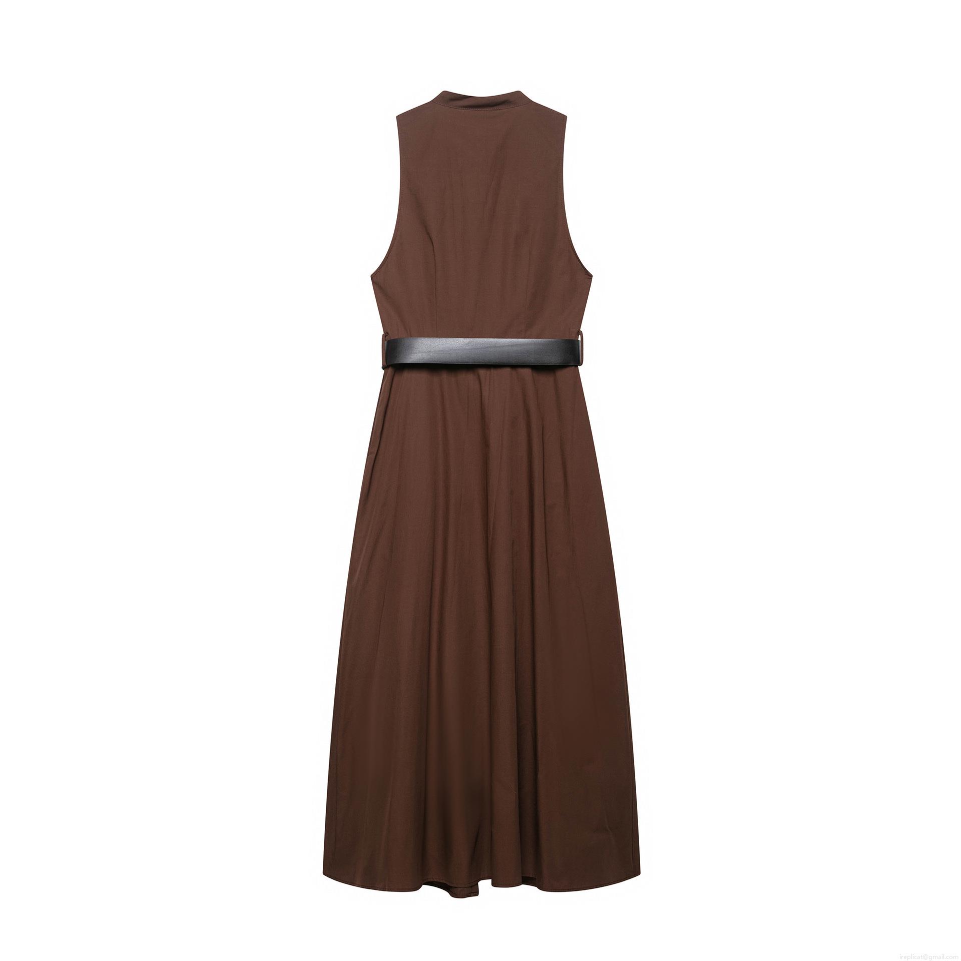 Women's Sleeveless A-Line Midi Dress 100% Polyester Single Breasted V-Neck Shirt Dress With Faux Leather Belt And Metal Buttons Dark Brown Summer Casual Dress Women's Sleeveless A-Line Midi Dress 100% Polyester Single Breasted V-Neck Shirt Dress With Faux Leather Belt And Metal Buttons Dark Brown Summer Casual Dress