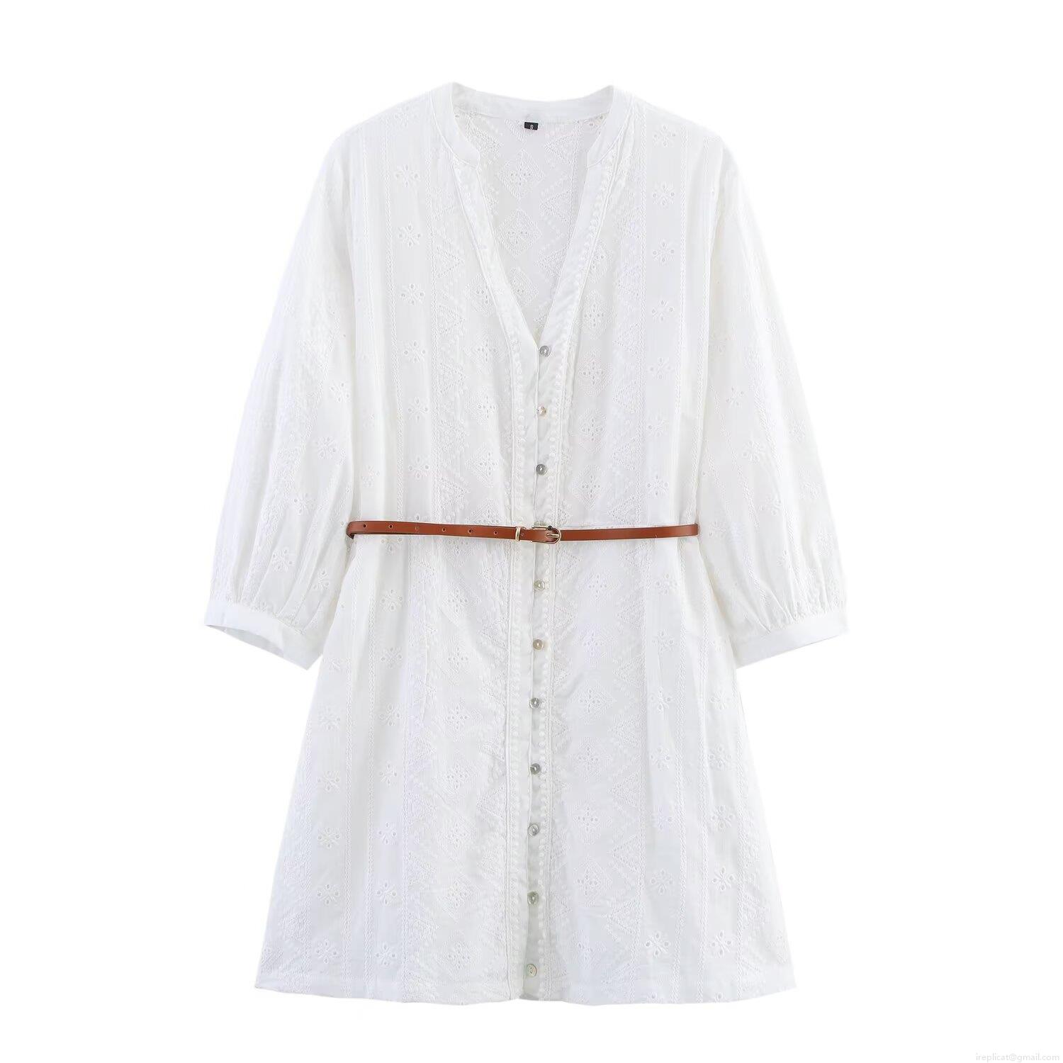 Women's Embroidery Hollow Out Midi Shirt Dress With Belt Cotton Blend Long Sleeve Button Down V Neck Elegant Dress For Casual Party White Women's Embroidery Hollow Out Midi Shirt Dress With Belt Cotton Blend Long Sleeve Button Down V Neck Elegant Dress For Casual Party White