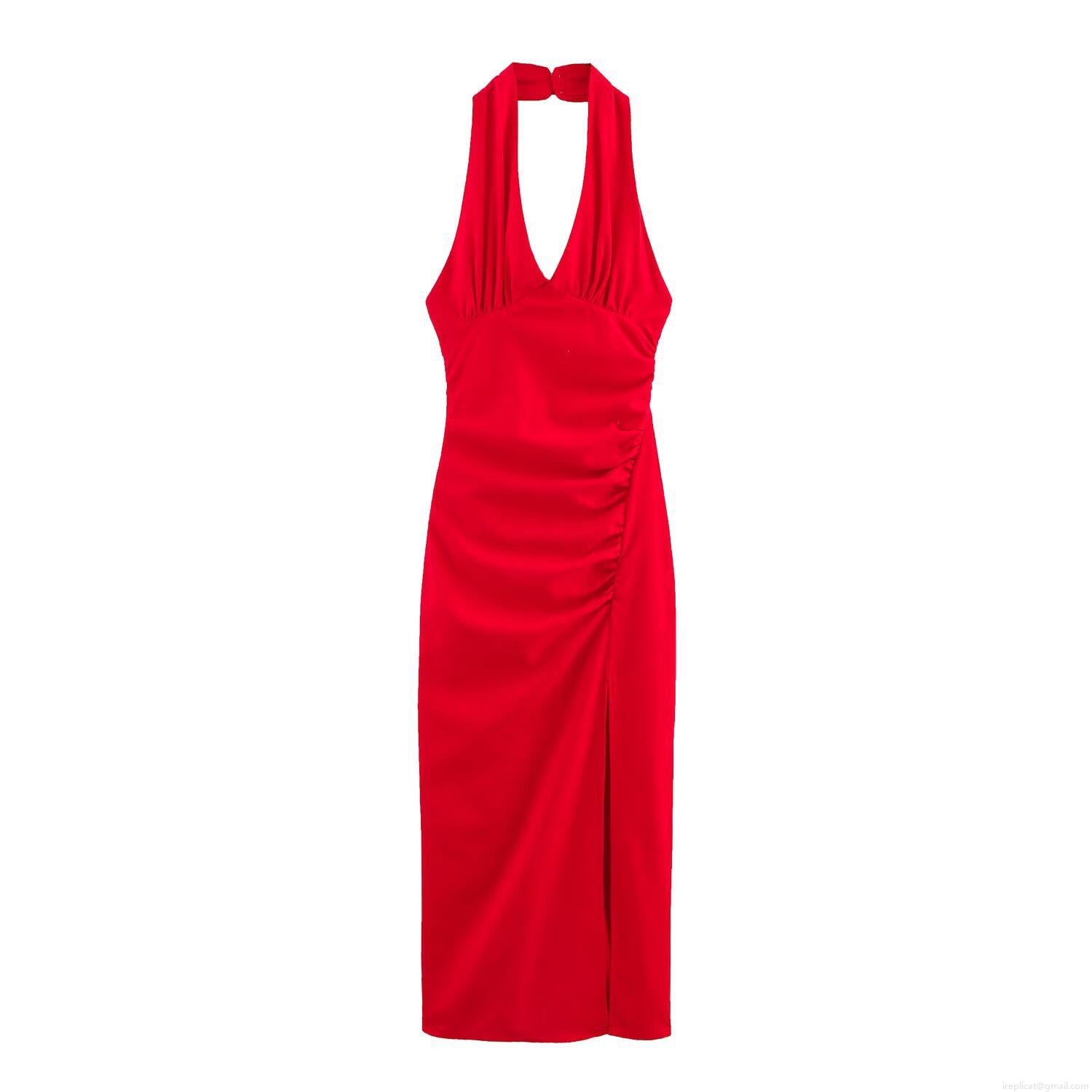 Women's Sexy Red Halter Neck V-Neck Backless Midi Dress Polyester Ruched Bodycon High Slit Evening Party Clubwear Streetwear Elegant Summer Dress For Ladies Women's Sexy Red Halter Neck V-Neck Backless Midi Dress Polyester Ruched Bodycon High Slit Evening Party Clubwear Streetwear Elegant Summer Dress For Ladies