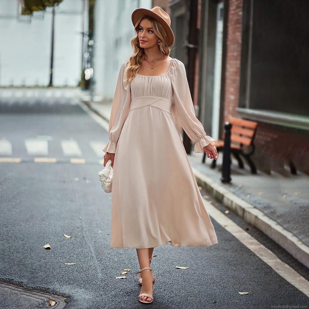 Women's Elegant Square Neck Long Sleeve Midi Dress Pleated High Waist Chiffon A-Line Maxi Party Dress With Back Bow Tie For Autumn Winter Commuter Ladies Women's Elegant Square Neck Long Sleeve Midi Dress Pleated High Waist Chiffon A-Line Maxi Party Dress With Back Bow Tie For Autumn Winter Commuter Ladies