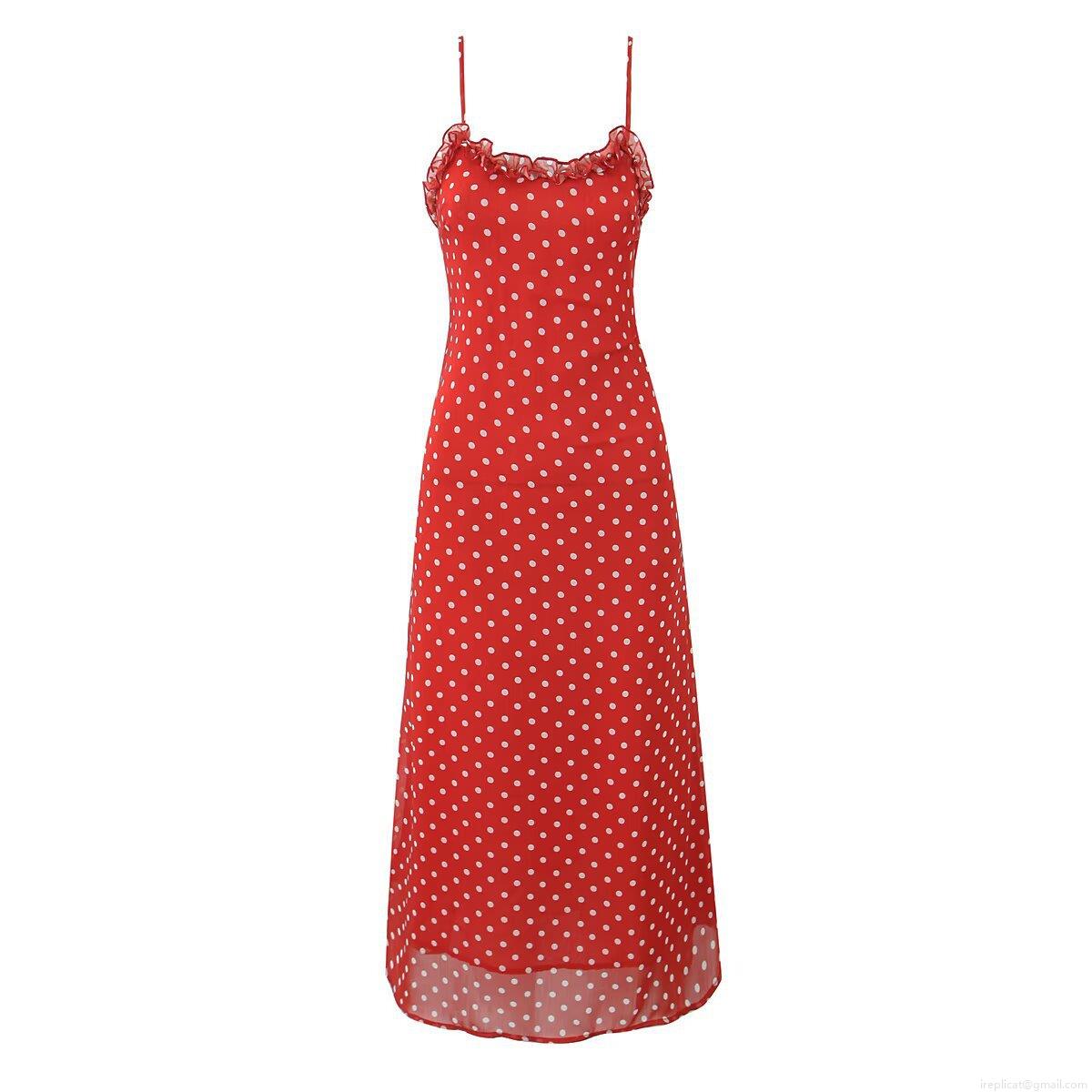 Women Polka Dot Spaghetti Strap Cami Dress With Ruffle Trim 100% Polyester Midi Length Vintage Street Style Red Dress For Summer Party Women Polka Dot Spaghetti Strap Cami Dress With Ruffle Trim 100% Polyester Midi Length Vintage Street Style Red Dress For Summer Party