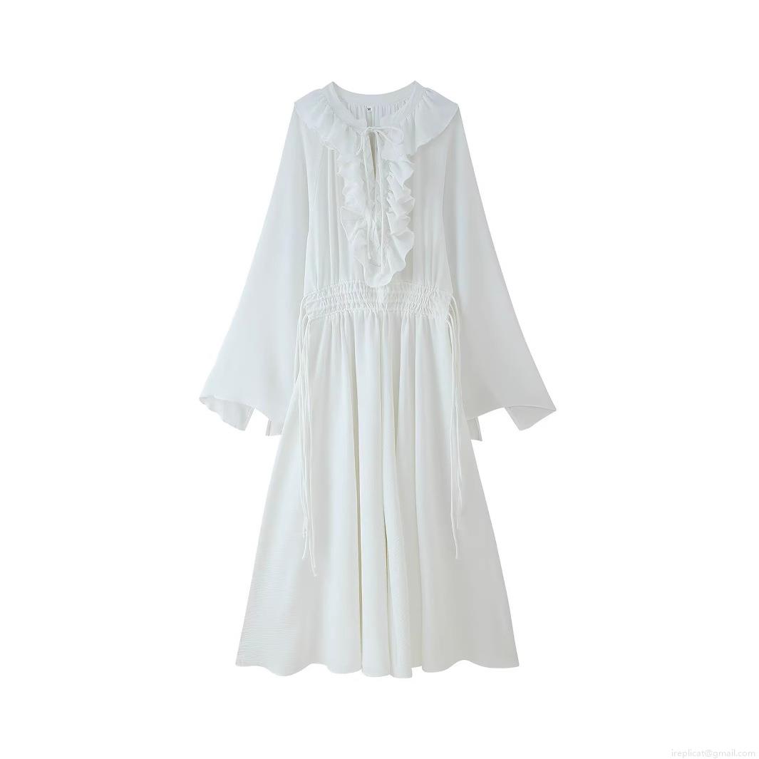 Women's Elegant White V-Neck Ruffle Midi Dress Long Sleeve Drawstring Waist Cotton Blend Casual Fashion Streetwear Street Style Party Dresses Women's Elegant White V-Neck Ruffle Midi Dress Long Sleeve Drawstring Waist Cotton Blend Casual Fashion Streetwear Street Style Party Dresses