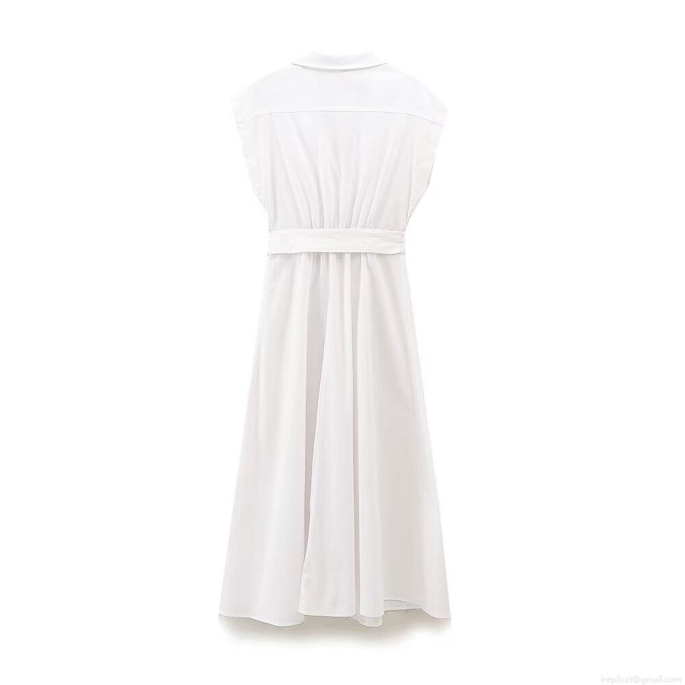 Women\'s Sleeveless White Shirt Dress Cotton Blend Midi A-Line Dress With Metal Ring Belt Lapel Button Down Dress For Summer Casual Daily Streetwear
